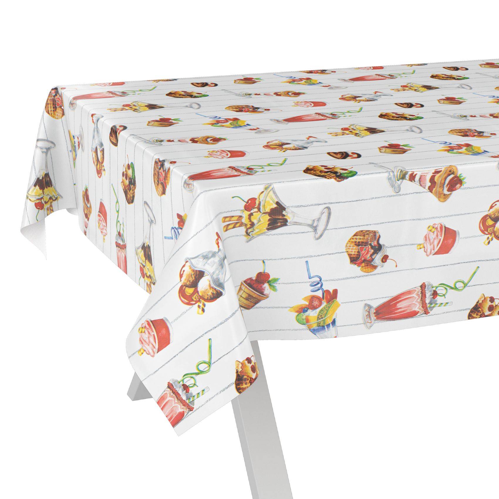 Weiße Tischdecke mit bunten Illustrations von Desserts und Getränken, die über einen Tisch drapiert ist