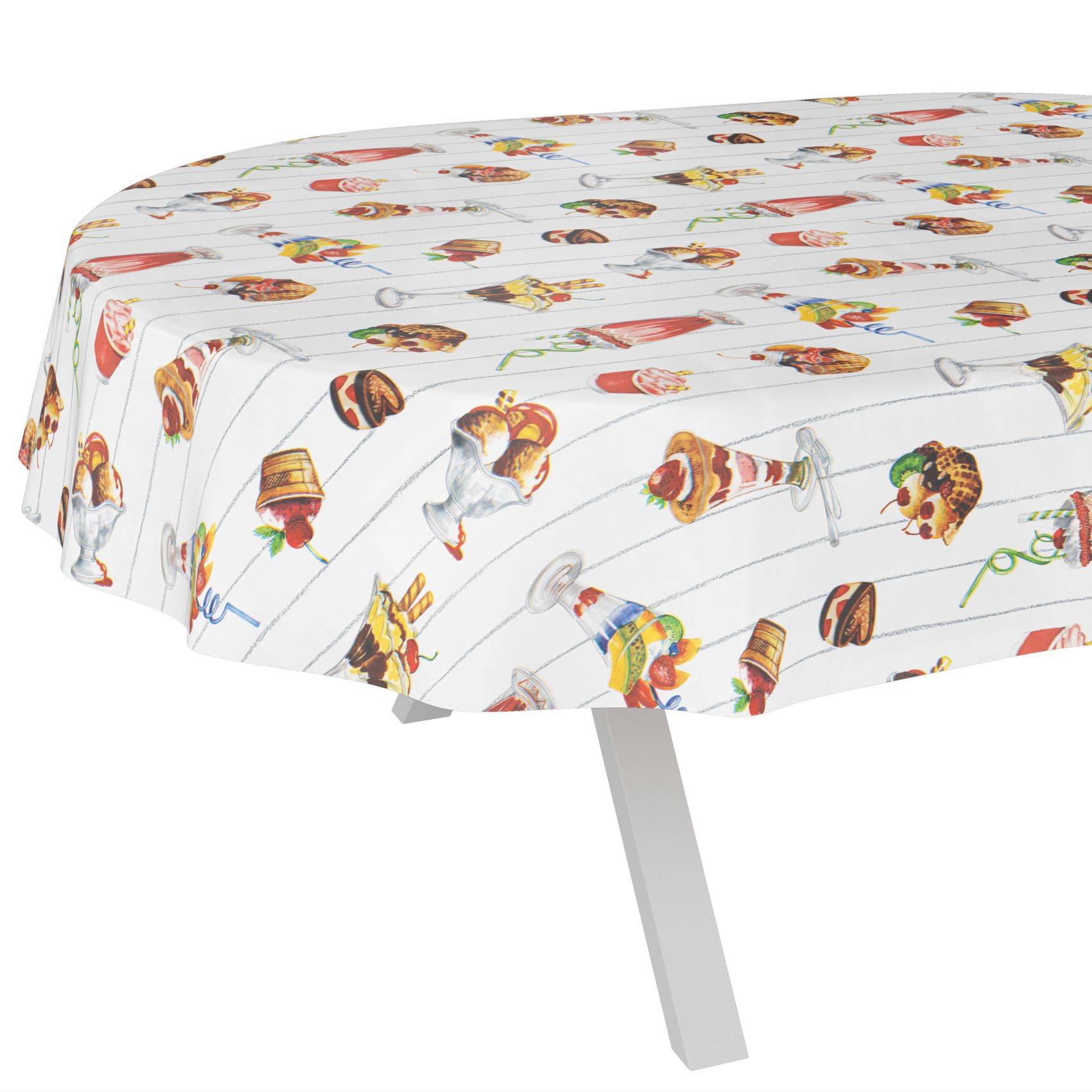 Weiße Tischdecke mit bunten Eiscreme-Kegel- und Dessertmustern auf einem quadratischen Tisch mit einem hellgrauen Bein.