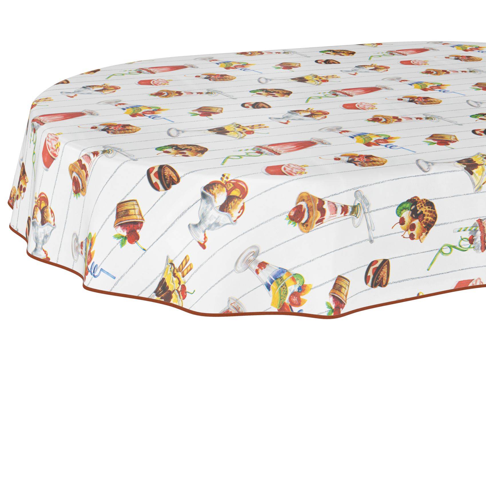 Weiße Tischdecke mit bunten Dessert- und Süßigkeitenillustrationen über einen rechteckigen Tisch drapiert vor einem einfachen Hintergrund.