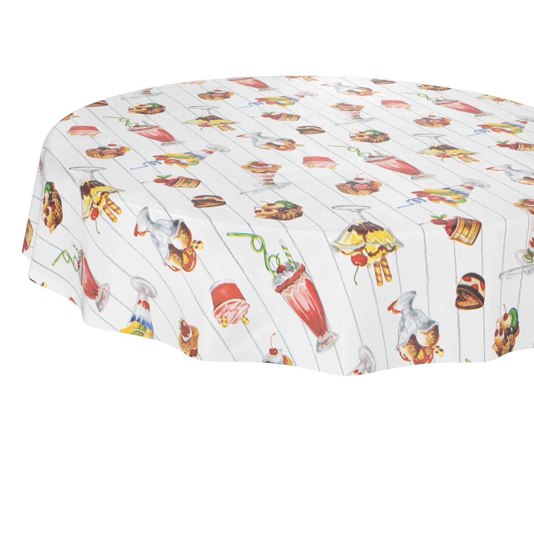 Tischdecke mit bunten Lebensmittel- und Desserter illustrationen auf weißem Hintergrund