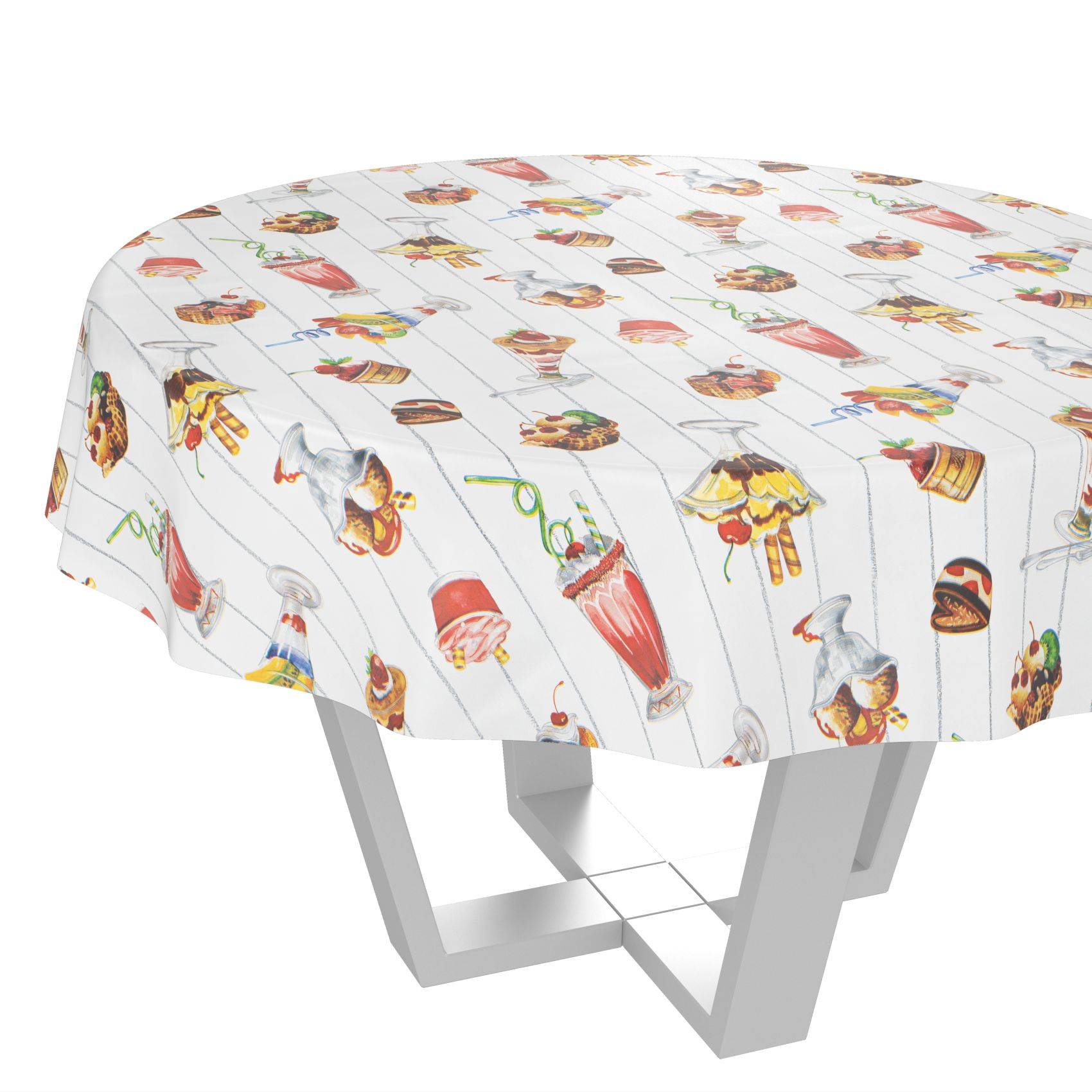 Weiße Tischdecke mit buntem Muster aus Eistüten, Eis am Stiel und Eisbecher über einem modernen Tisch drapiert
