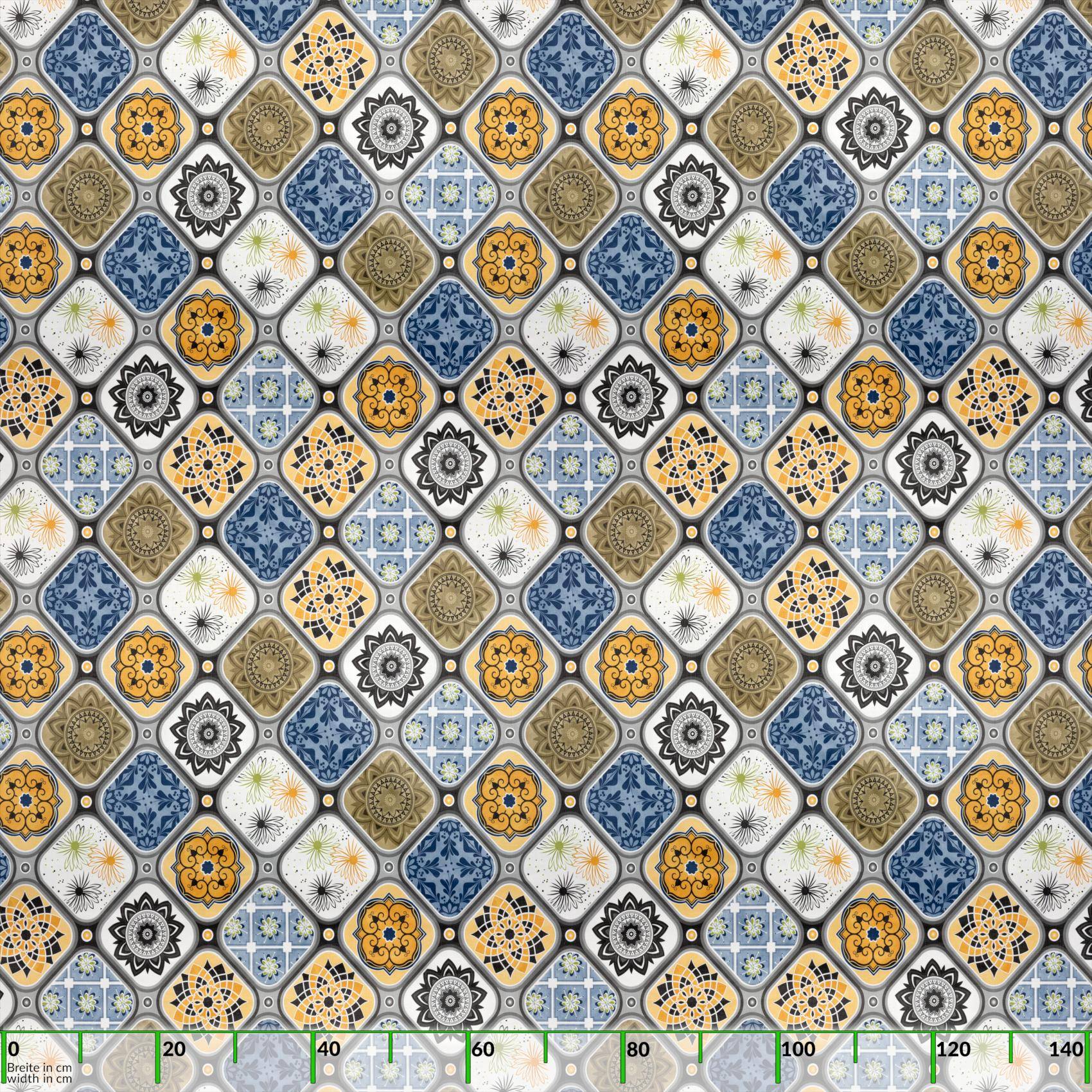 Dekoratives sich wiederholendes Muster aus farbigen rautenförmigen Kacheln mit floralen und geometrischen Motiven, dargestellt als Diagrammhintergrund mit einer horizontalen Skala am unteren Rand von 0 bis 140.
