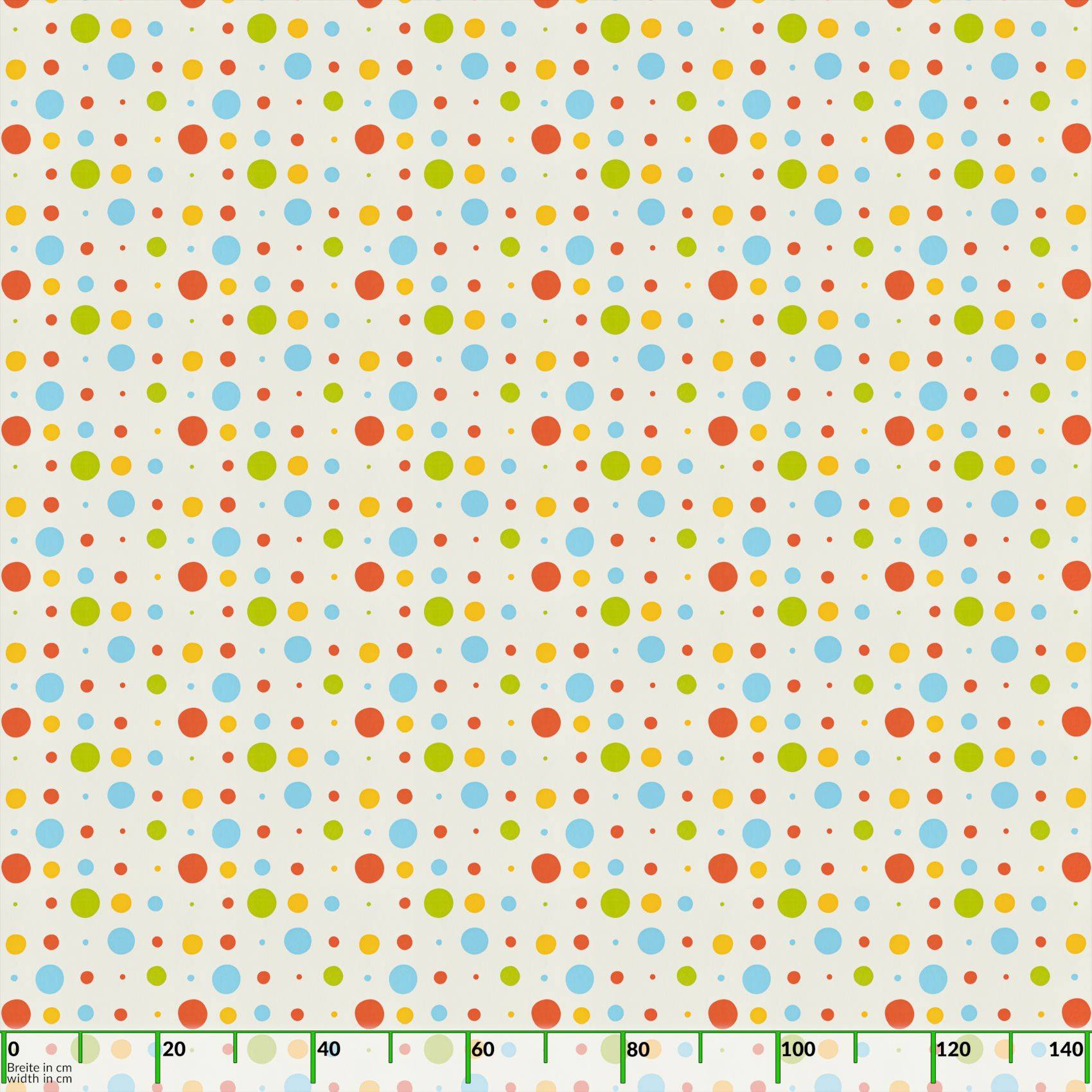 Buntes gepunktetes Muster auf cremefarbenem Hintergrund mit Linealmessungen entlang der unteren Kante.