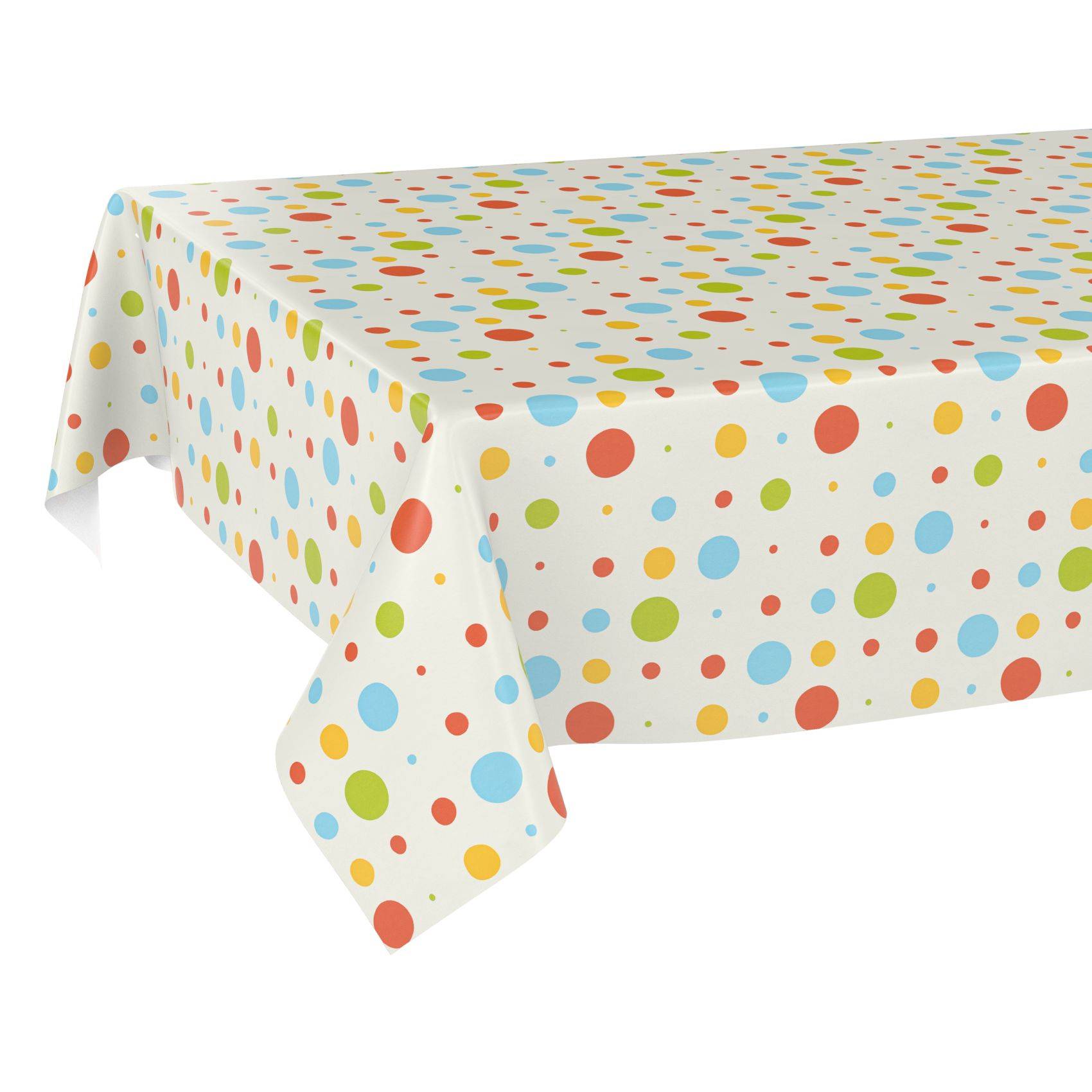Tisch mit einer weißen Tischdecke mit Polka-Dot-Muster, die mit mehrfarbigen Punkten auf weißem Hintergrund gemustert ist.