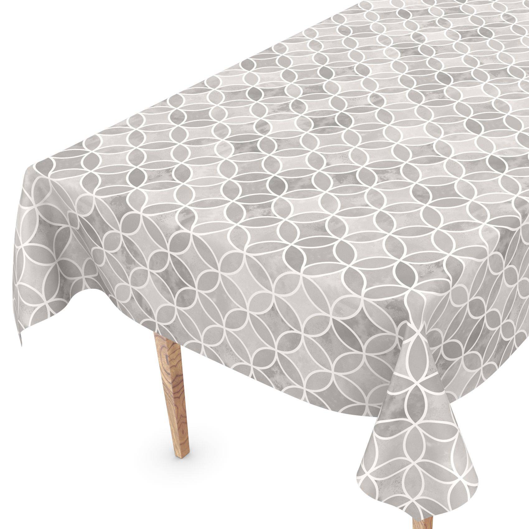 Grau gemustertes Tischtuch, das über einem rechteckigen Tisch drapiert ist, mit einem sichtbaren Holzbein, auf weißem Hintergrund dargestellt.