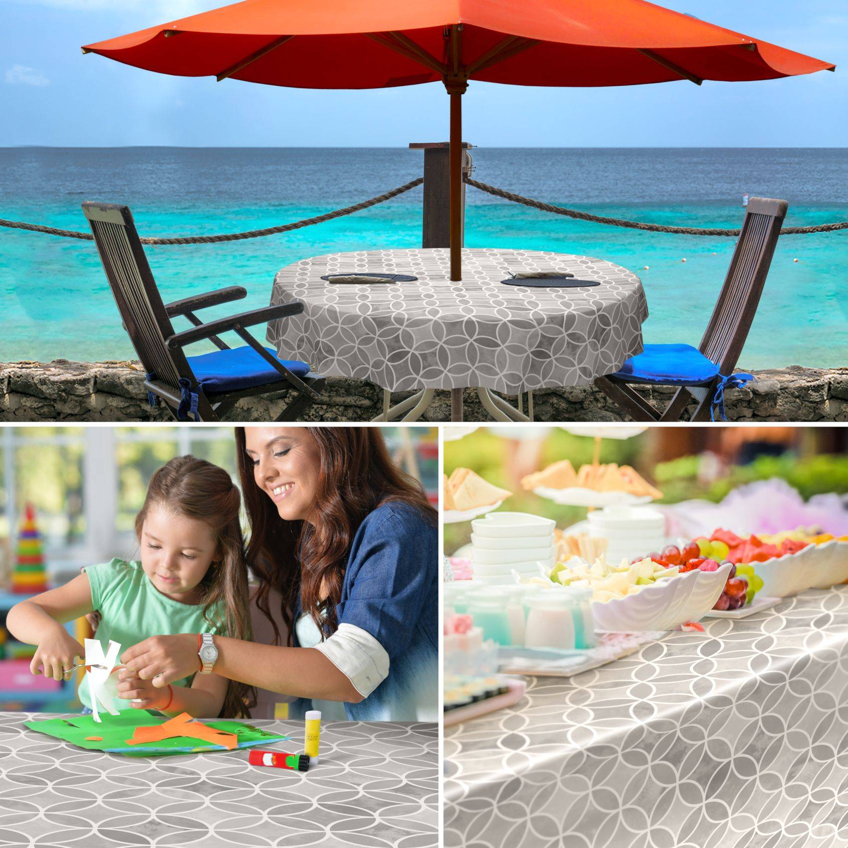 Dreiteiliges Fotomontage: Ein Tisch am Meer mit Sonnenschirm und Stühlen, eine Frau und ein Kind, die an einem Tisch basteln, und ein dekorierter Buffettisch mit Blumen und Desserts.