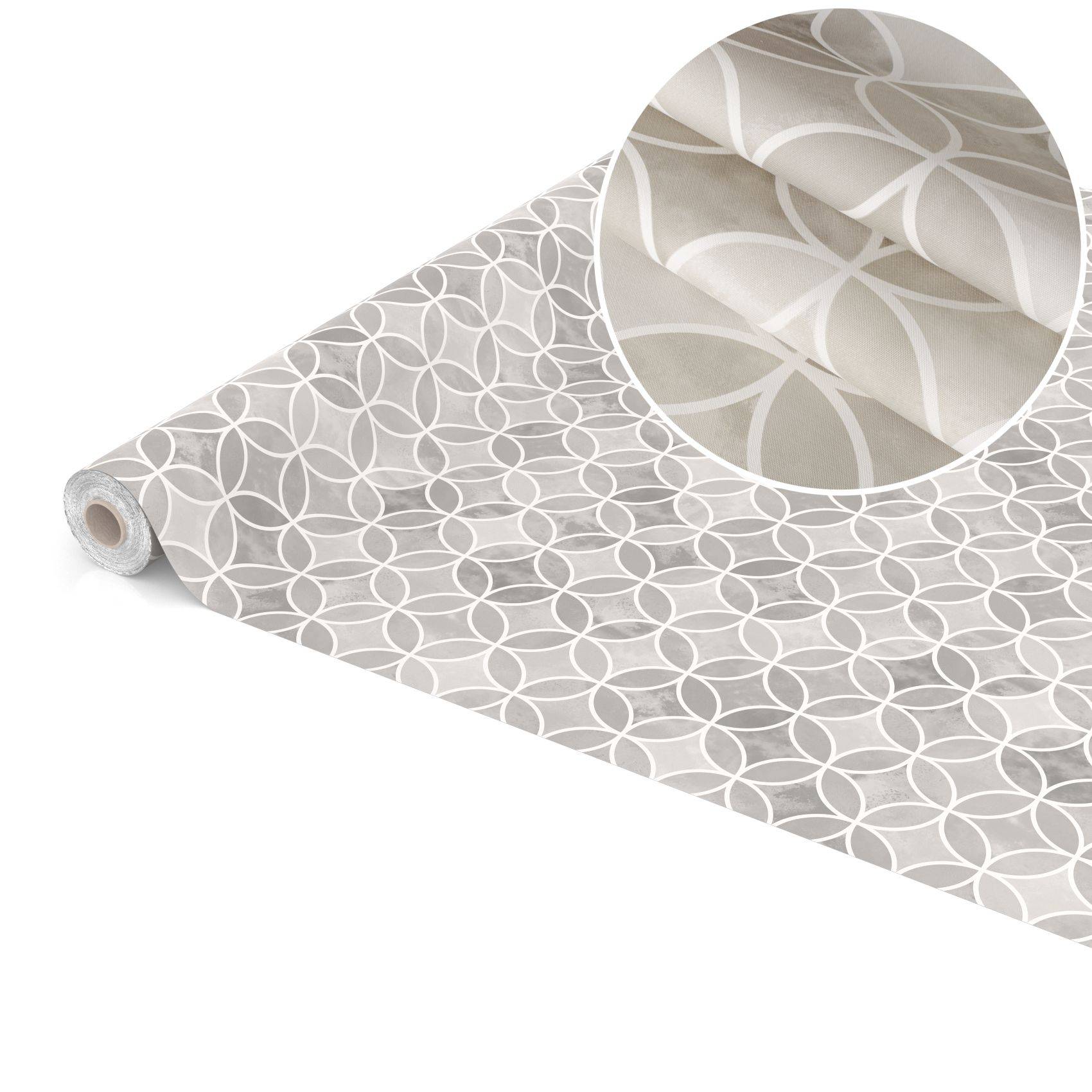 Rolle Beige-Tapete mit weißem verschlungenem Kreismuster, gezeigt mit einer Nahaufnahme der Designtextur