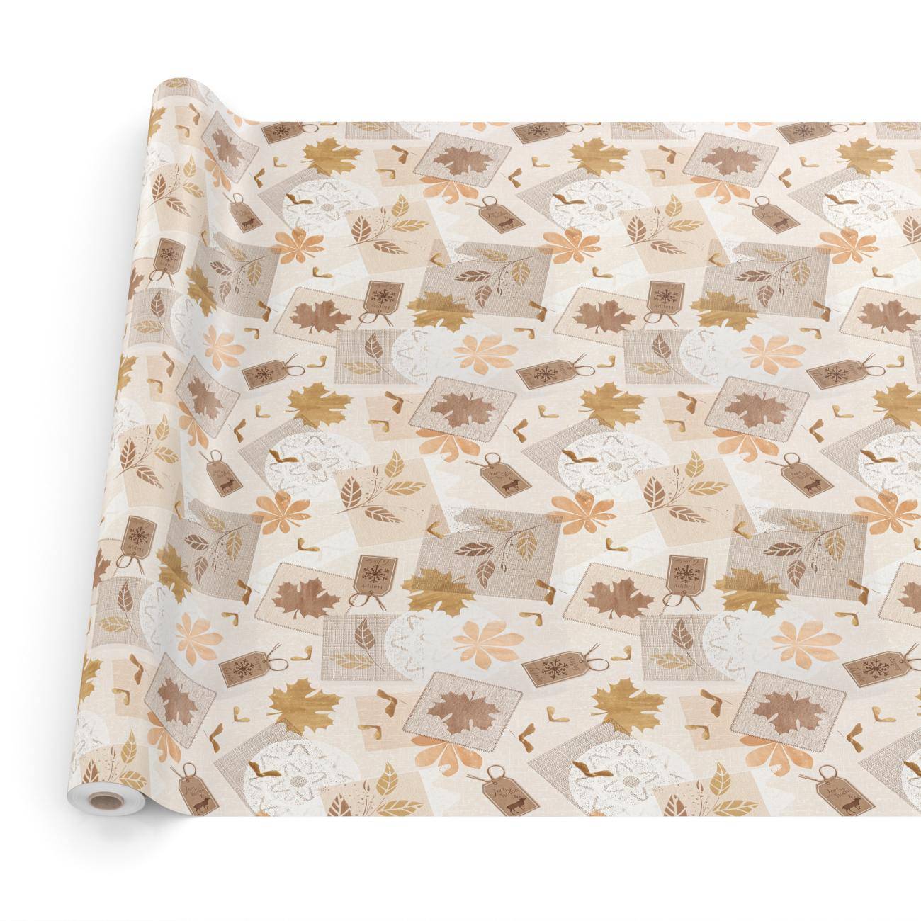 Gerollte Rolle Beigefarben Geschenkpapier mit wiederholendem Herbstlaubmuster in Tan, Creme und Gold.