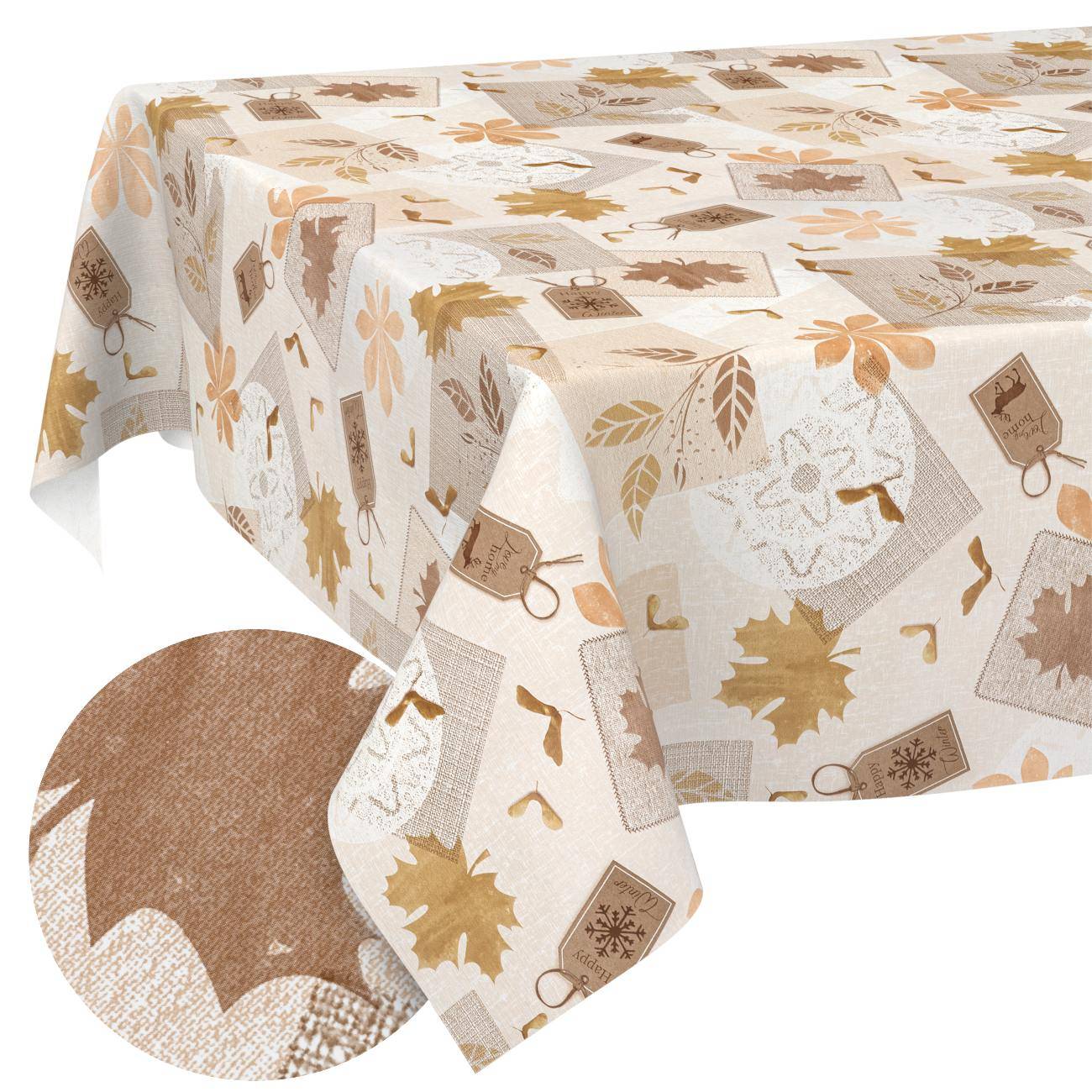 Herbst-Tischdecke mit Beige-, Tan- und Braunentönen im Blatt- und Etikett-Muster, über einen Tisch drapiert mit einer Nahaufnahme der Stofftextur-Einfügung.