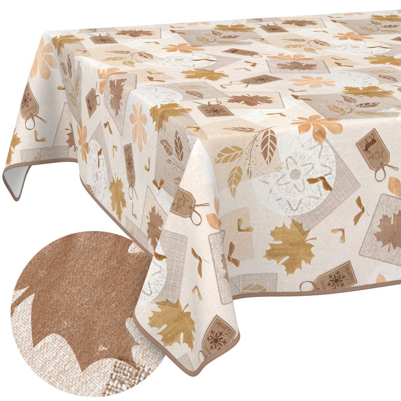 Tisch mit einer beige herbstlich gemusterten Tischdecke, gezeigt mit einer vergrößerten Detailaufnahme, die die strukturierte Stoffoberfläche hervorhebt.