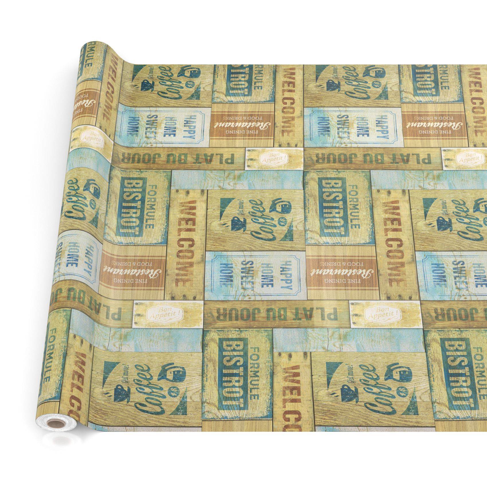 Gerolltes Blatt Vintage-Stil Dekorpapier mit wiederholtem Küchen- und Café-Motiv-Text und Grafiken in Tan, Blaugrün und Braun.