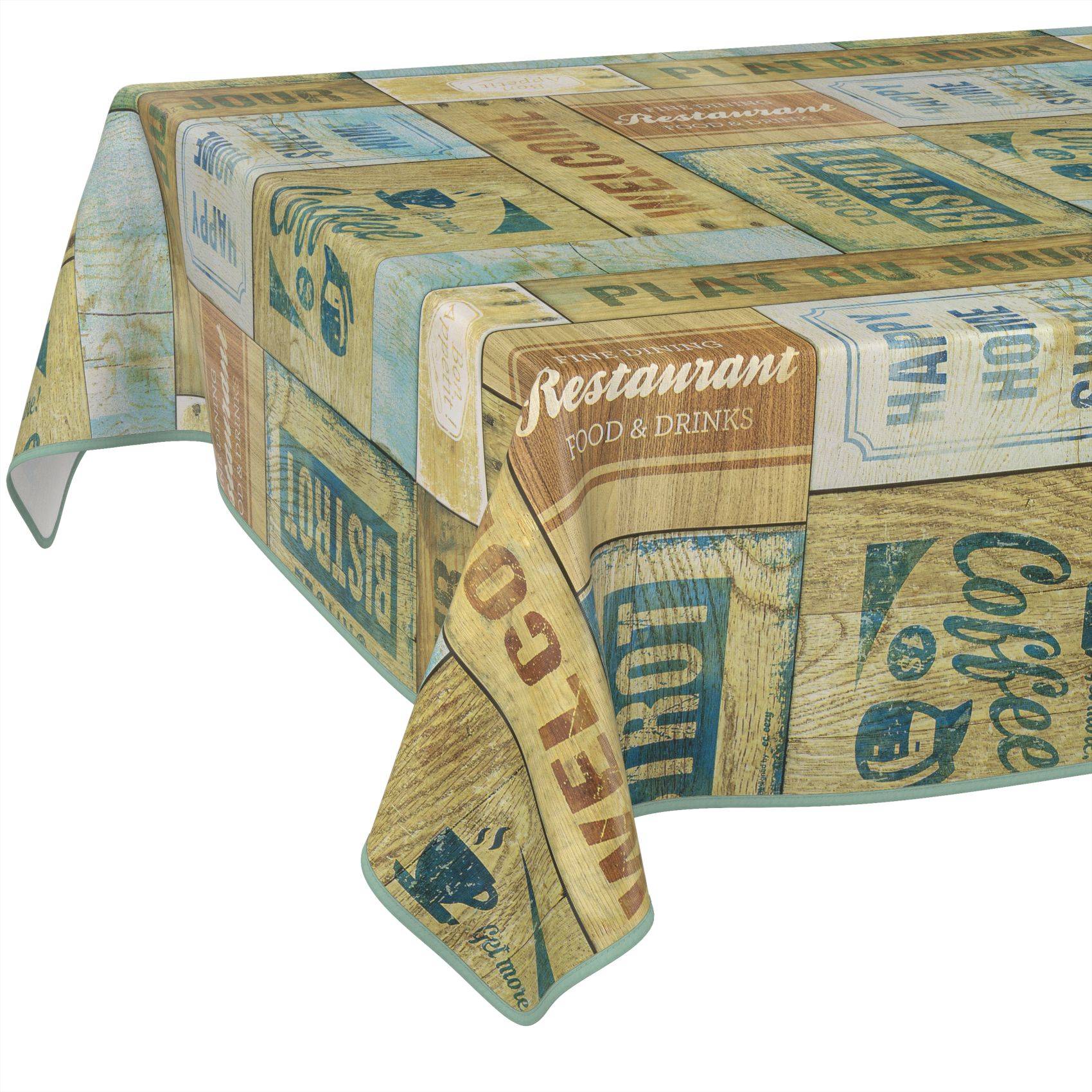 Rechteckiger Tisch mit einer Vintage-Kaffee-Tischdecke bedruckt mit Wörtern wie „Restaurant", „Kaffee"" und „Tee"" in gedeckten Beige-, Blau- und Grüntönen.