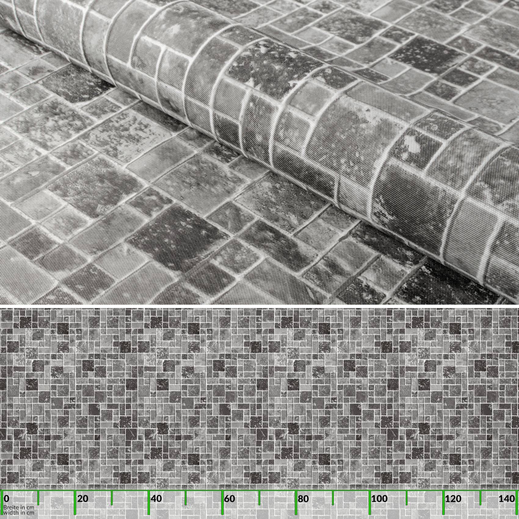 Graustufenbild eines gekachelten Pflastermusters, dargestellt mit einer vergrößerten gekrümmten Bordsteinkante und einem kleineren gekennzeichneten Texturrstreifen am unteren Rand.