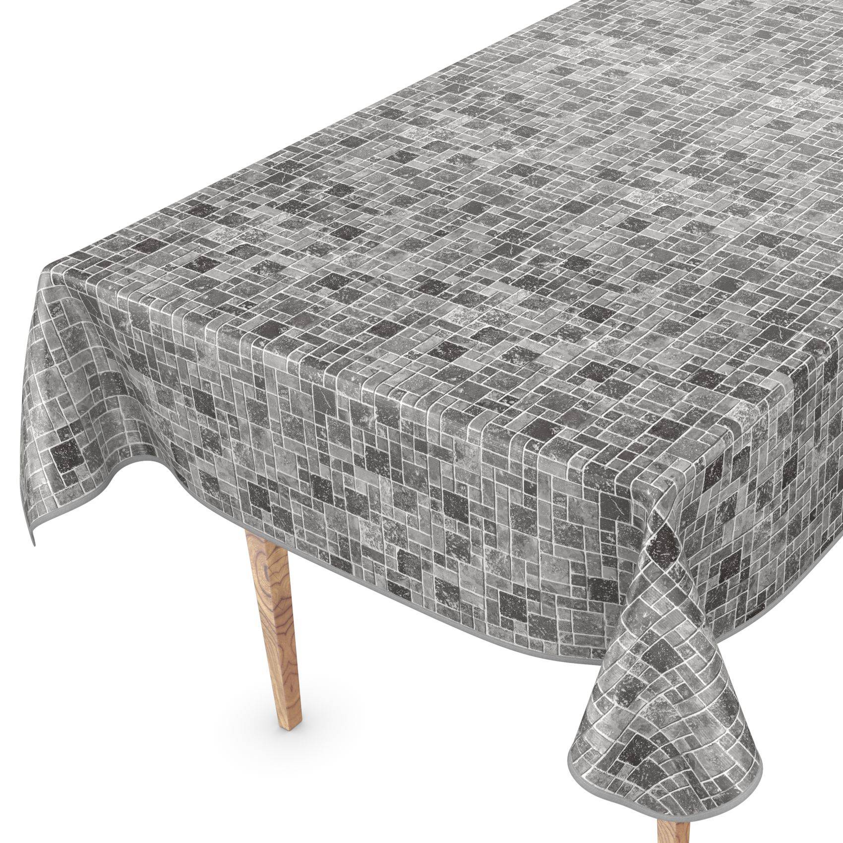 Graue, mosaikmusterige Tischdecke, die über einen rechteckigen Tisch drapiert ist, mit einer herabhängenden Ecke über einem Holzbein.