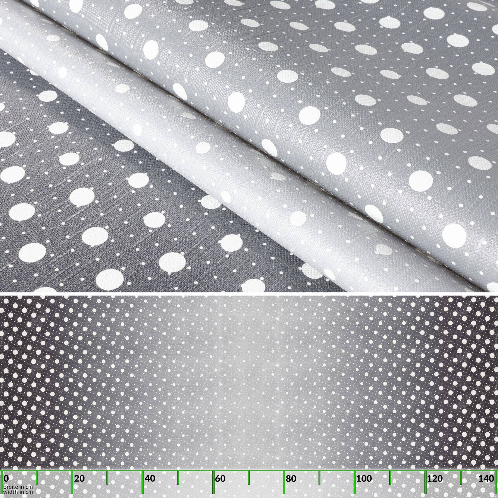 Graues Polka-Dot-Gewebe in Nahaufnahme mit Falten, mit großen und kleinen weißen Punkten und einer Maßstabskala am unteren Rand, bis zu 140.
