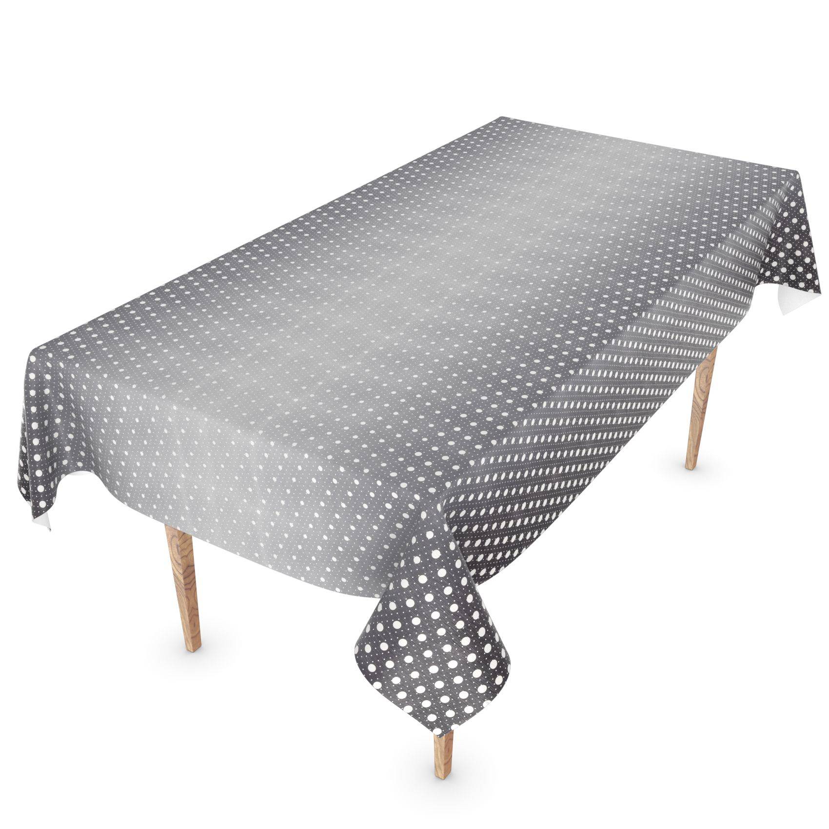 Rechteckiger Tisch mit einer grauen Tischdecke mit Punktmuster, drapiert über einen Tisch mit Holzbeinen.