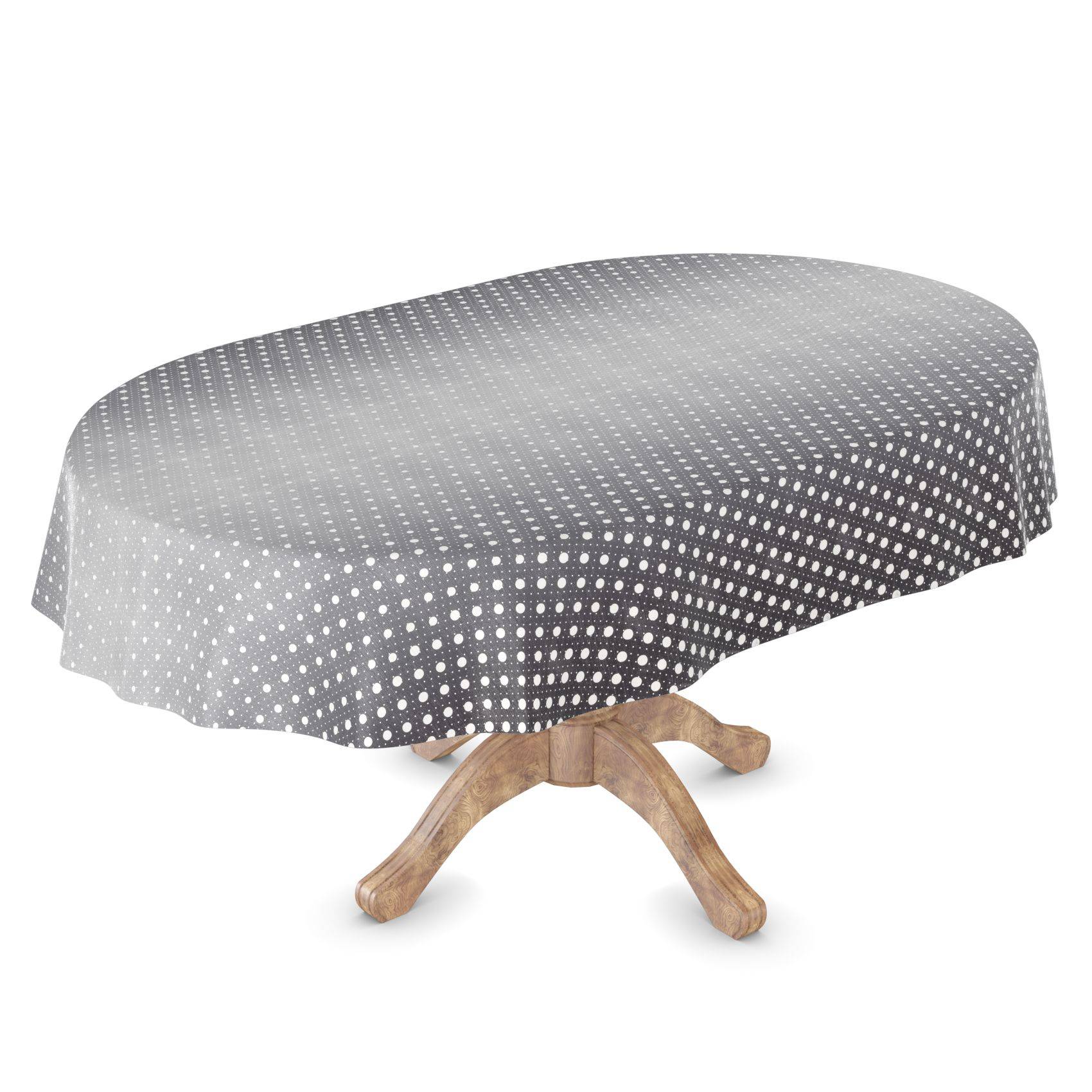 Ovaler Tisch mit einer grau-weißen gepunkteten Tischdecke, gezeigt auf einem Holzsockelsockel vor weißem Hintergrund.