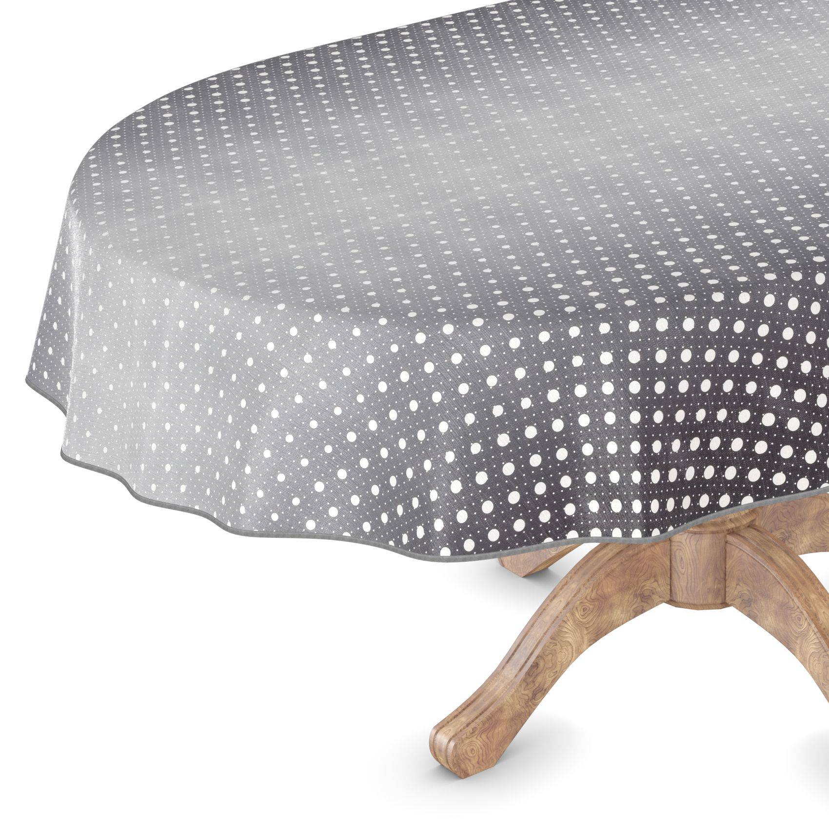 Graukarierte Tischdecke mit Punktmuster über einem runden Holztisch mit Spitzenfuß drapiert.