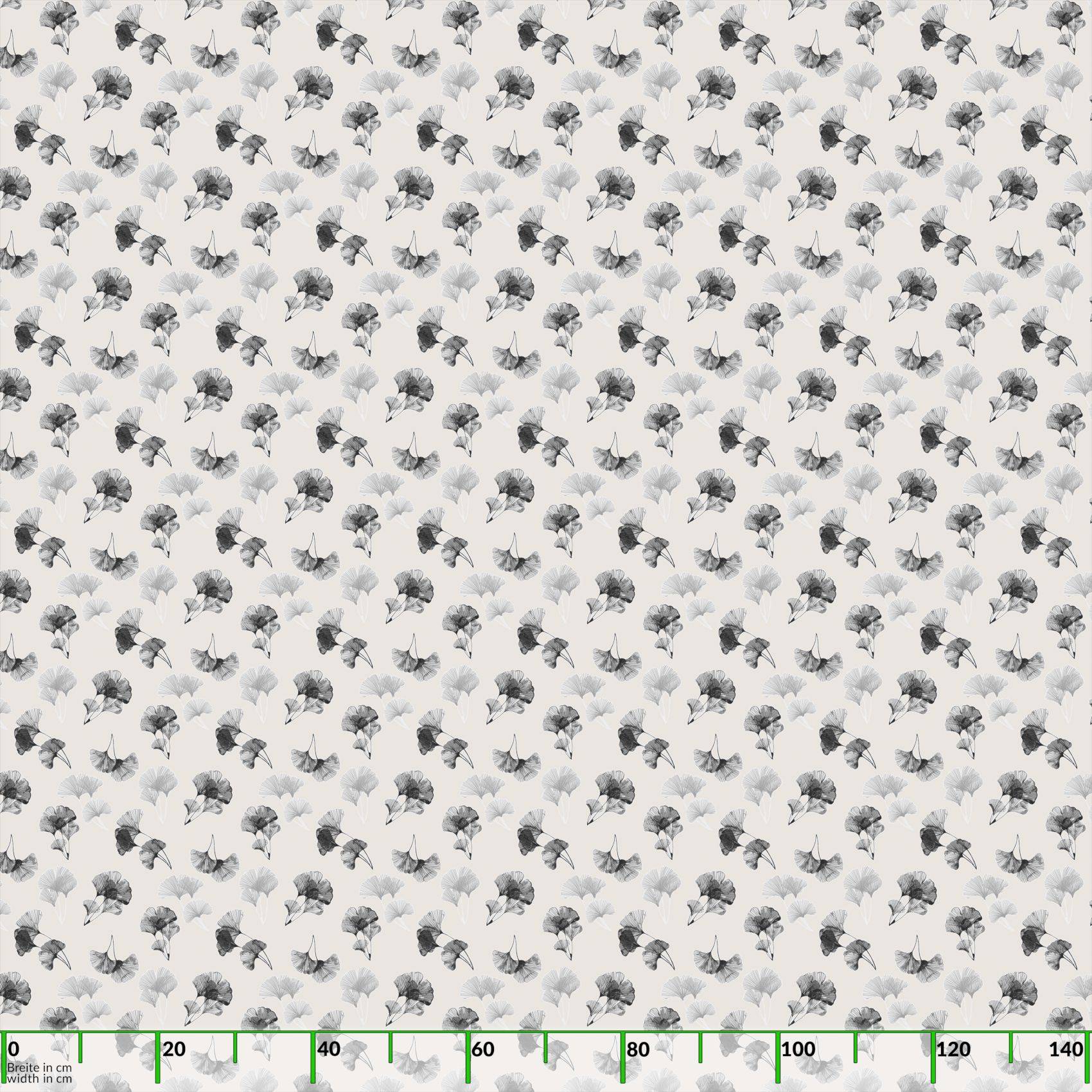 Ein sich wiederholendes schwarz-weißes Blumenmuster füllt das Bild, mit einer grünen horizontalen Skalenstab entlang des unteren Randes mit der Beschriftung 0 bis 140.