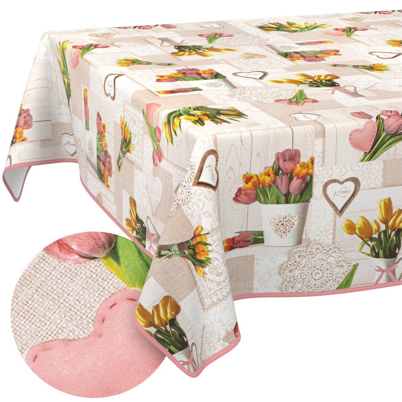 ANRO Tischdecke Frühling Rosa 180 x 120 cm eckig mit Paspelband Wachstuch Tulpen