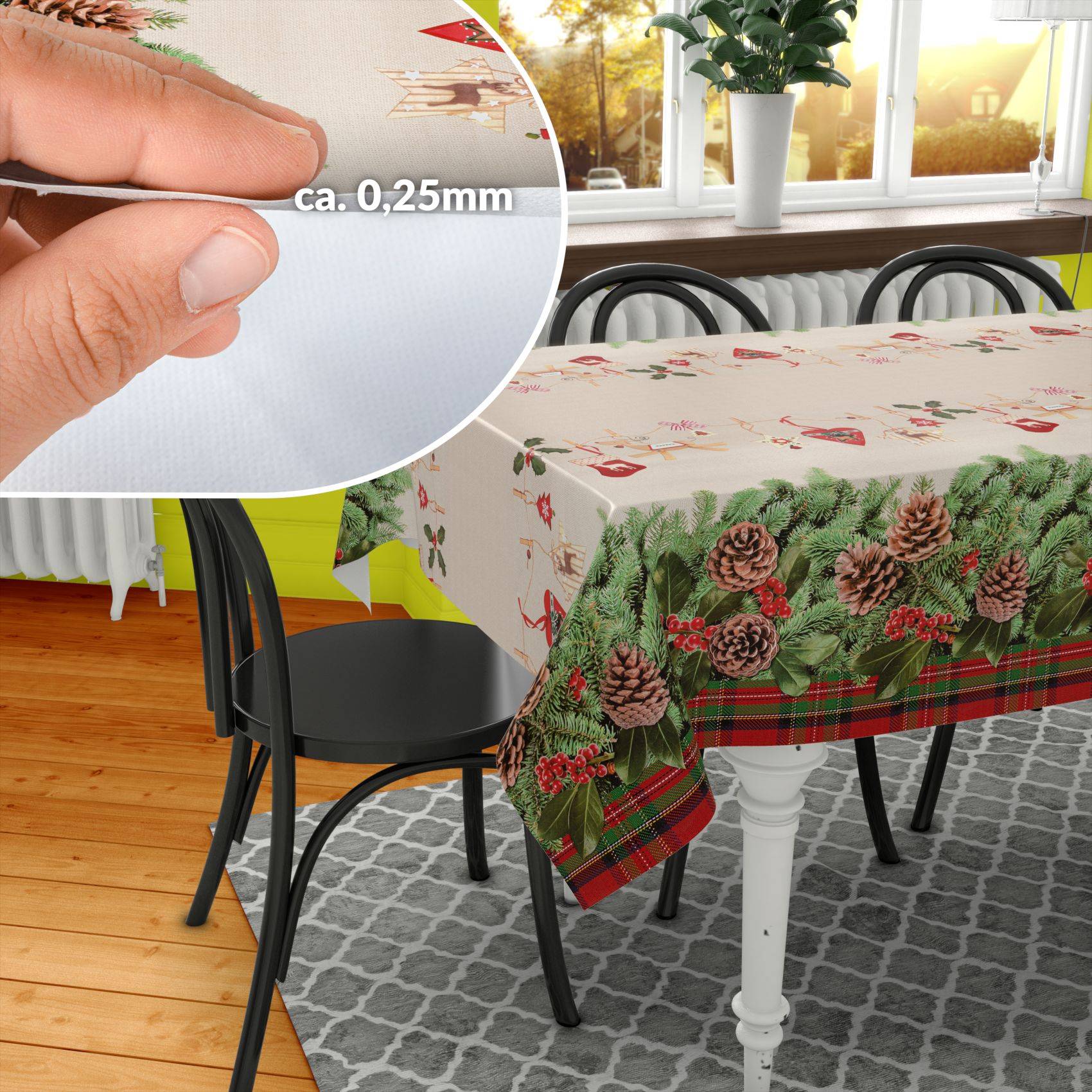 ANRO Tischdecke Tannenkranz Beige 180 x 140 cm eckig mit Paspelband Wachstuch abwaschbar
