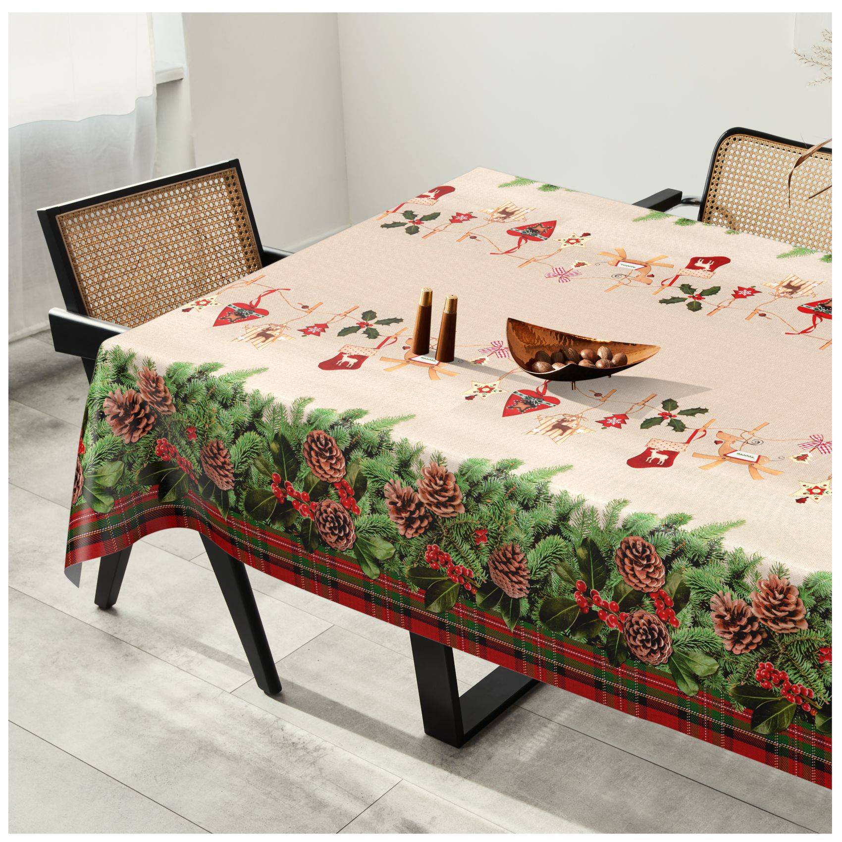 ANRO Tischdecke Tannenkranz Beige 180 x 140 cm eckig mit Paspelband Wachstuch abwaschbar
