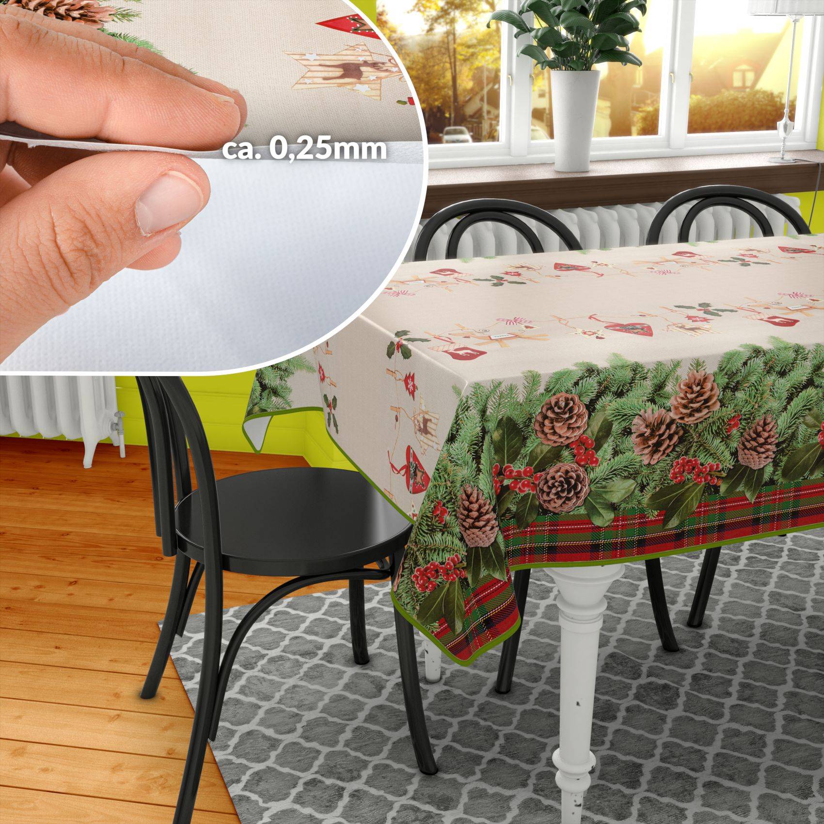 ANRO Tischdecke Tannenkranz Beige 180 x 140 cm eckig mit Paspelband Wachstuch abwaschbar
