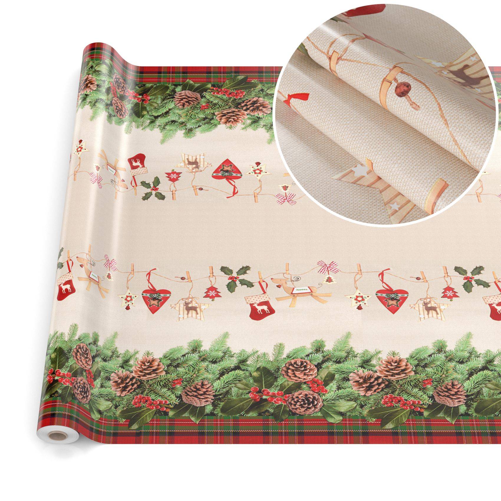 ANRO Tischdecke Tannenkranz Beige 180 x 140 cm eckig mit Paspelband Wachstuch abwaschbar