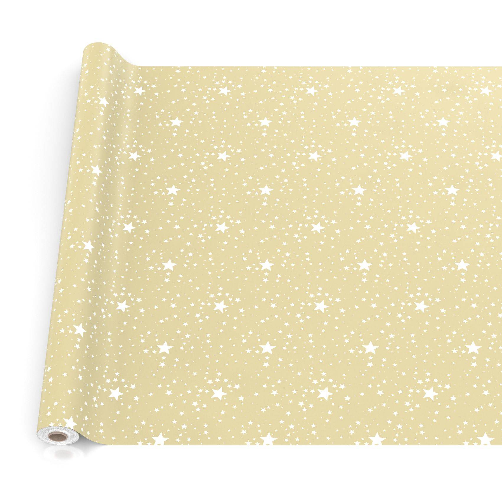 Rolle mit hellgelbem Sternenmuster-Geschenkpapier auf weißem Hintergrund.