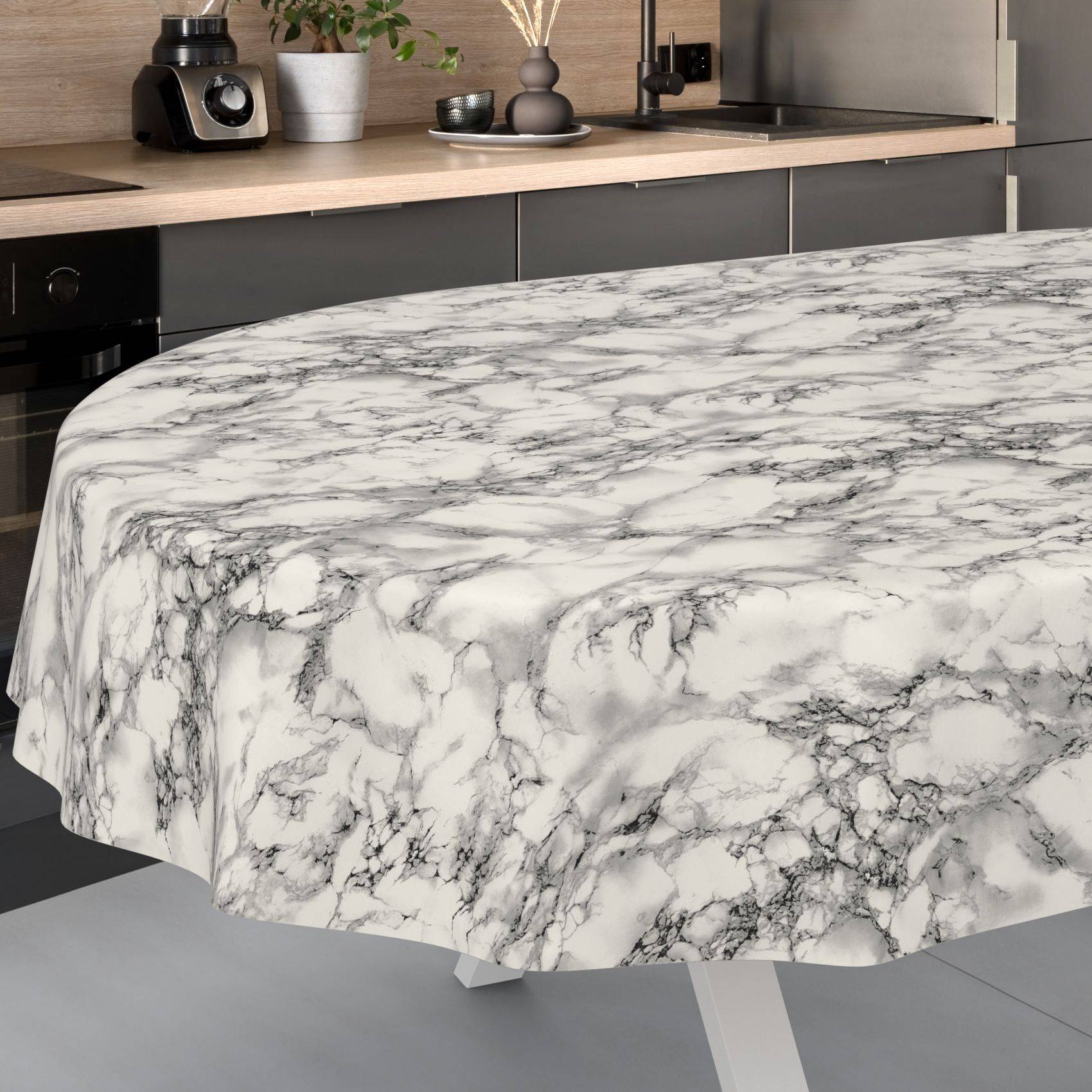 ANRO Tischdecke Marmor Grau 280 x 140 cm oval mit Paspelband Wachstuch Marmoroptik
