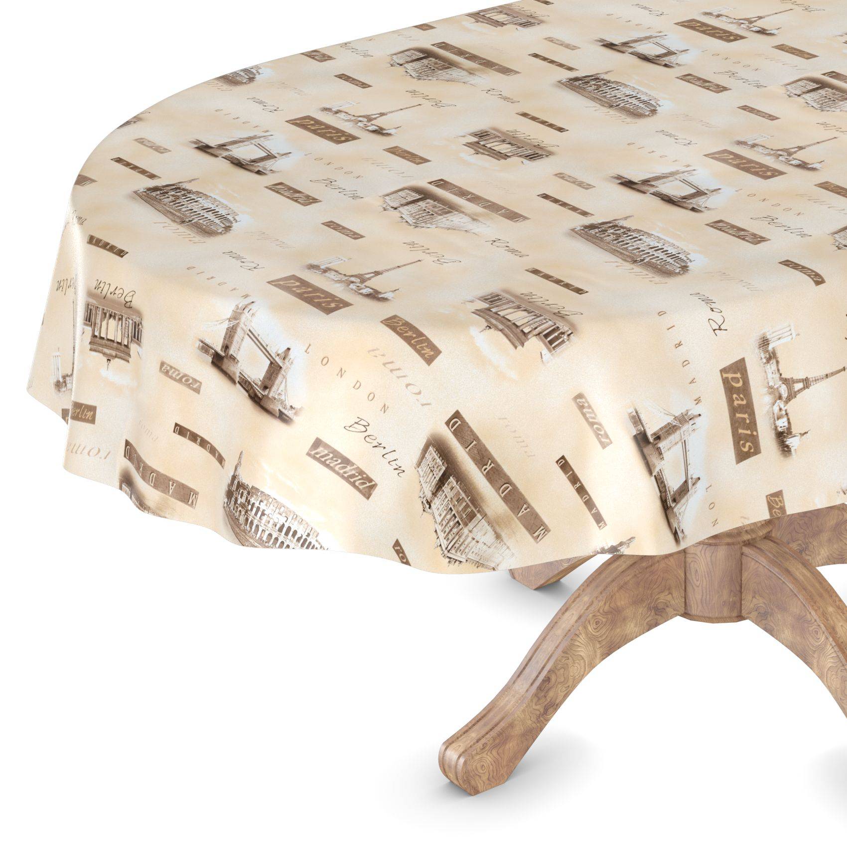 ANRO Tischdecke Städtereise Beige 180 x 140 cm oval Schnittkante Wachstuch Vintage