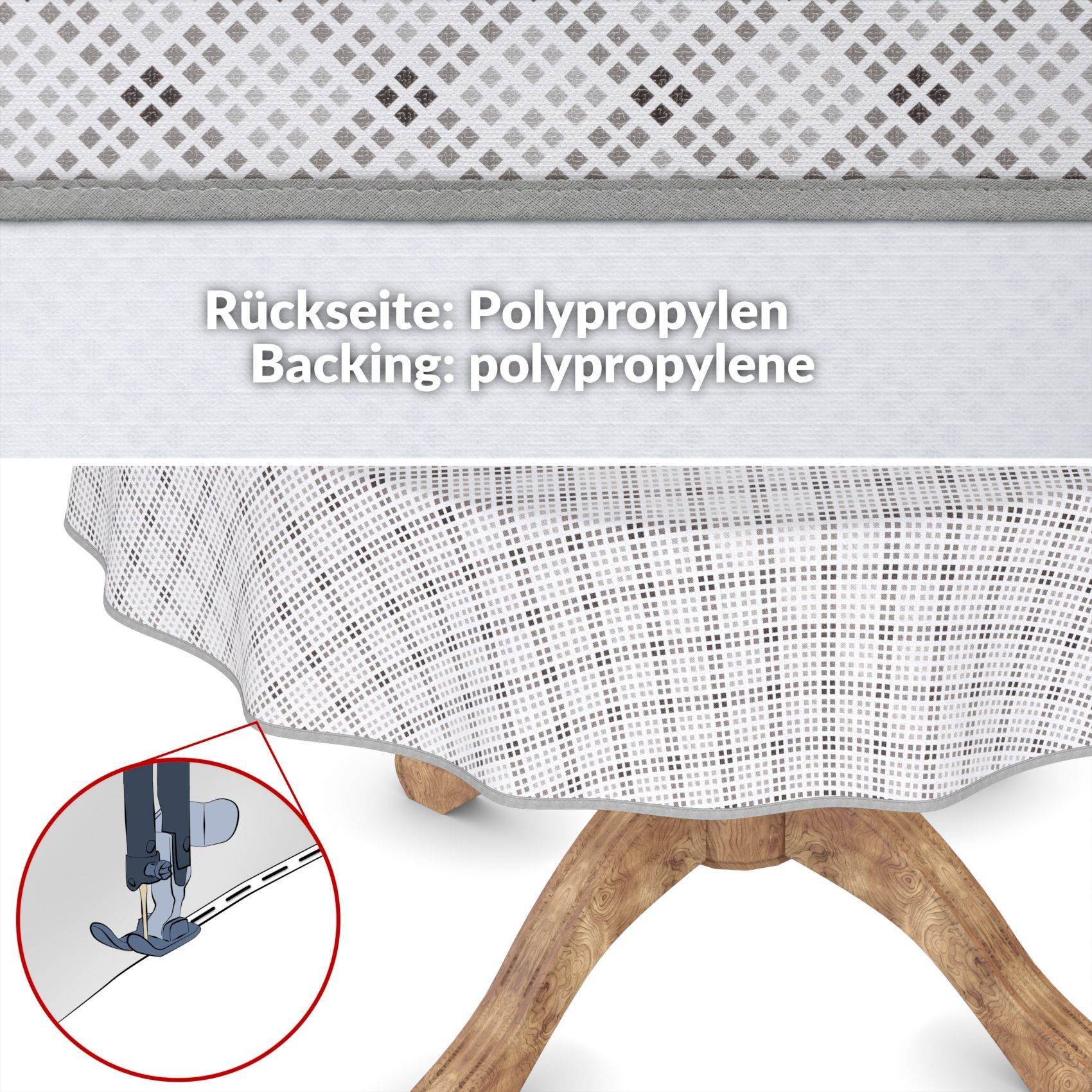Nahaufnahme einer Teppichrückseite mit der Beschriftung „Rückseite: Polypropylen / Backing: polypropylene" mit einer kleinen Einfügung, die eine Nähmaschine beim Nähen der Kante zeigt.