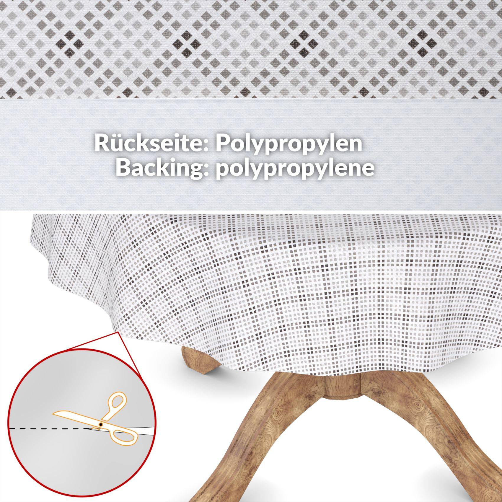 Nahaufnahme der Rückseite eines Teppichs mit der Beschriftung „Rückseite: Polypropylen / Backing: polypropylene" und einer Schere, die in einer Detailansicht entlang einer gestrichelten Linie schneidet.