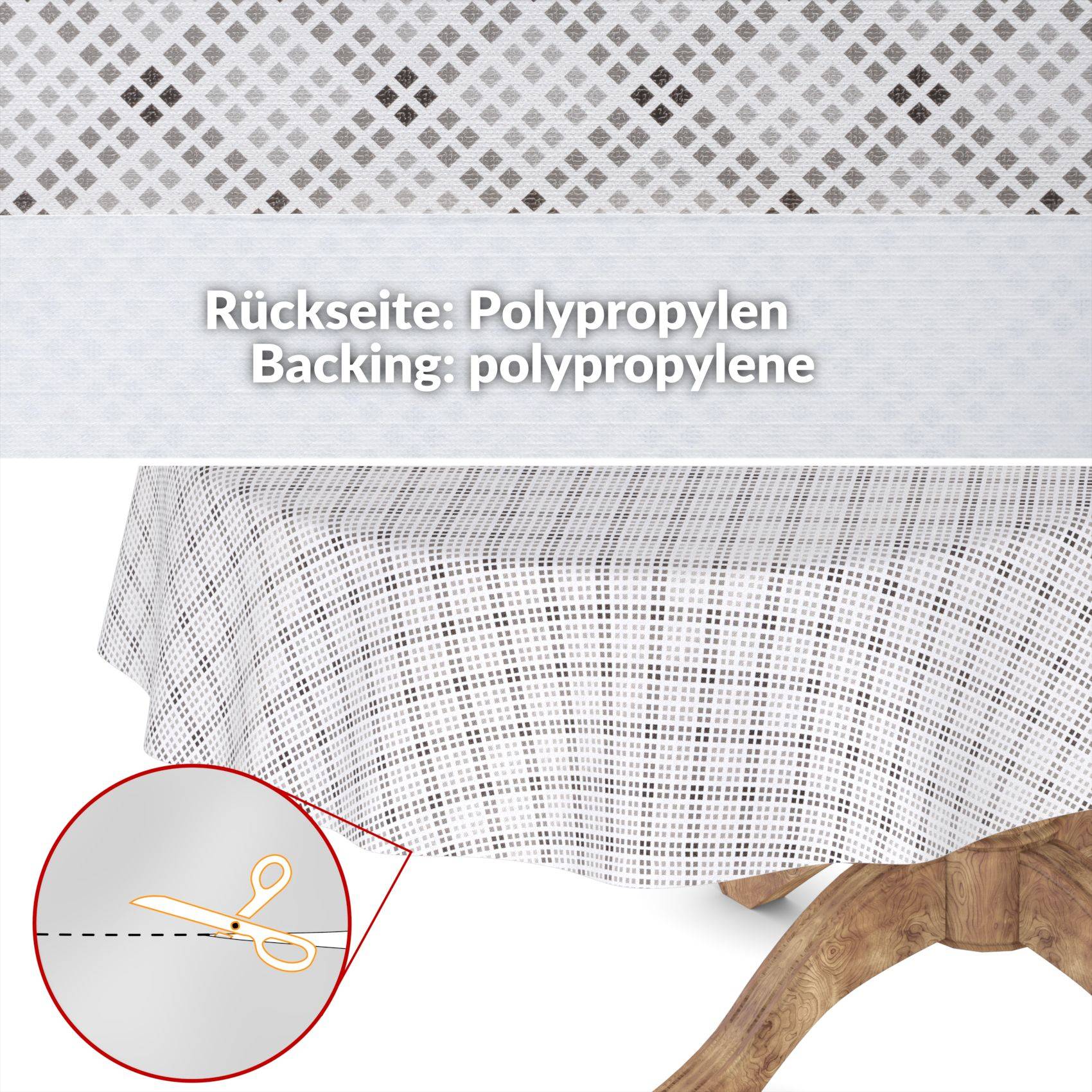 Produktbild, das die Rückseite eines Textils mit beschrifteter Text "Rückseite: Polypropylen / Backing: polypropylene"" und einem Scheren-Ausschnittdetail zeigt, das das Rückenmaterial illustriert.