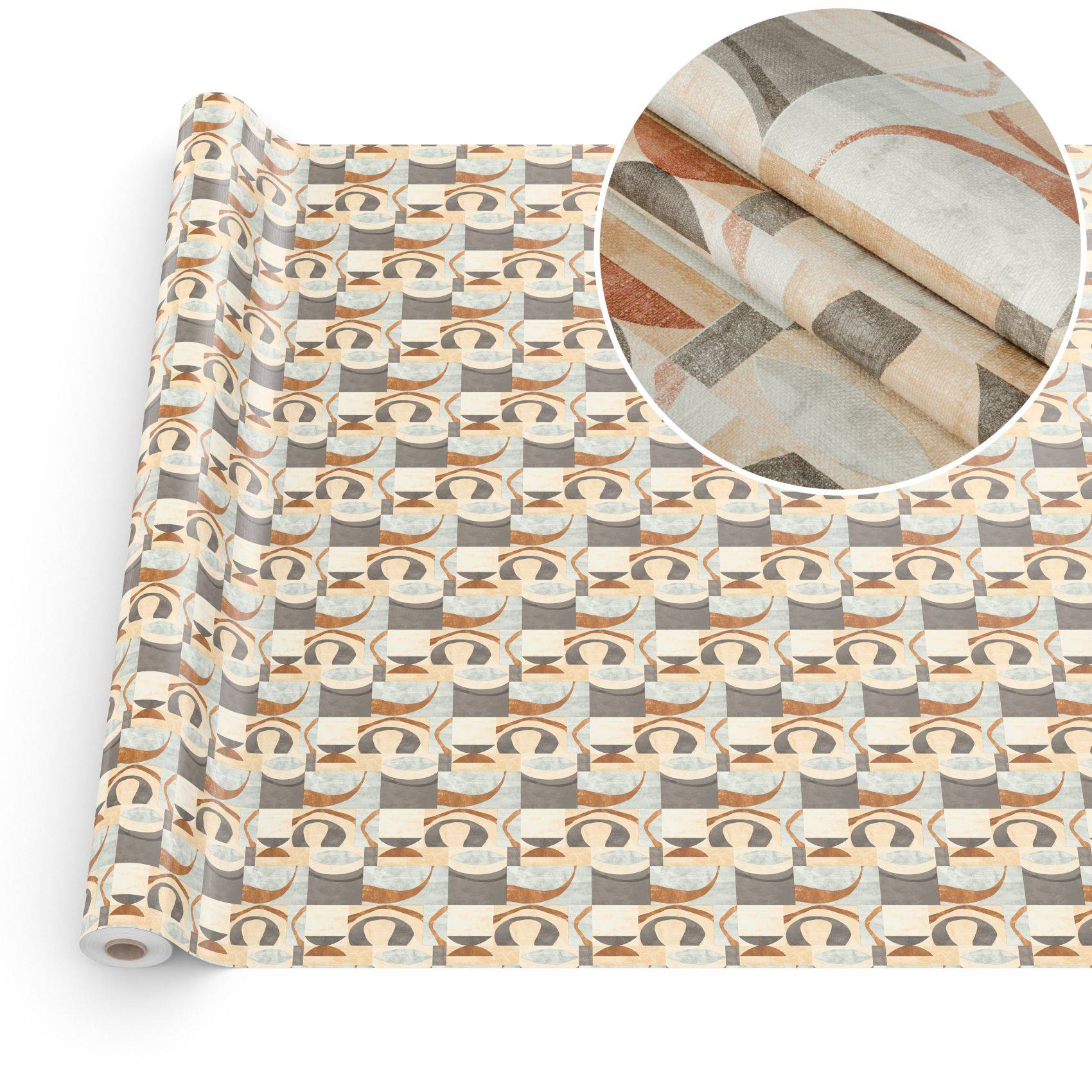 Rolle gemusterter Tapete mit geometrischen beige, grau und orange Formen, teilweise abgerollt auf weißem Hintergrund mit Nahaufnahme-Ausschnitt der Textur dargestellt.