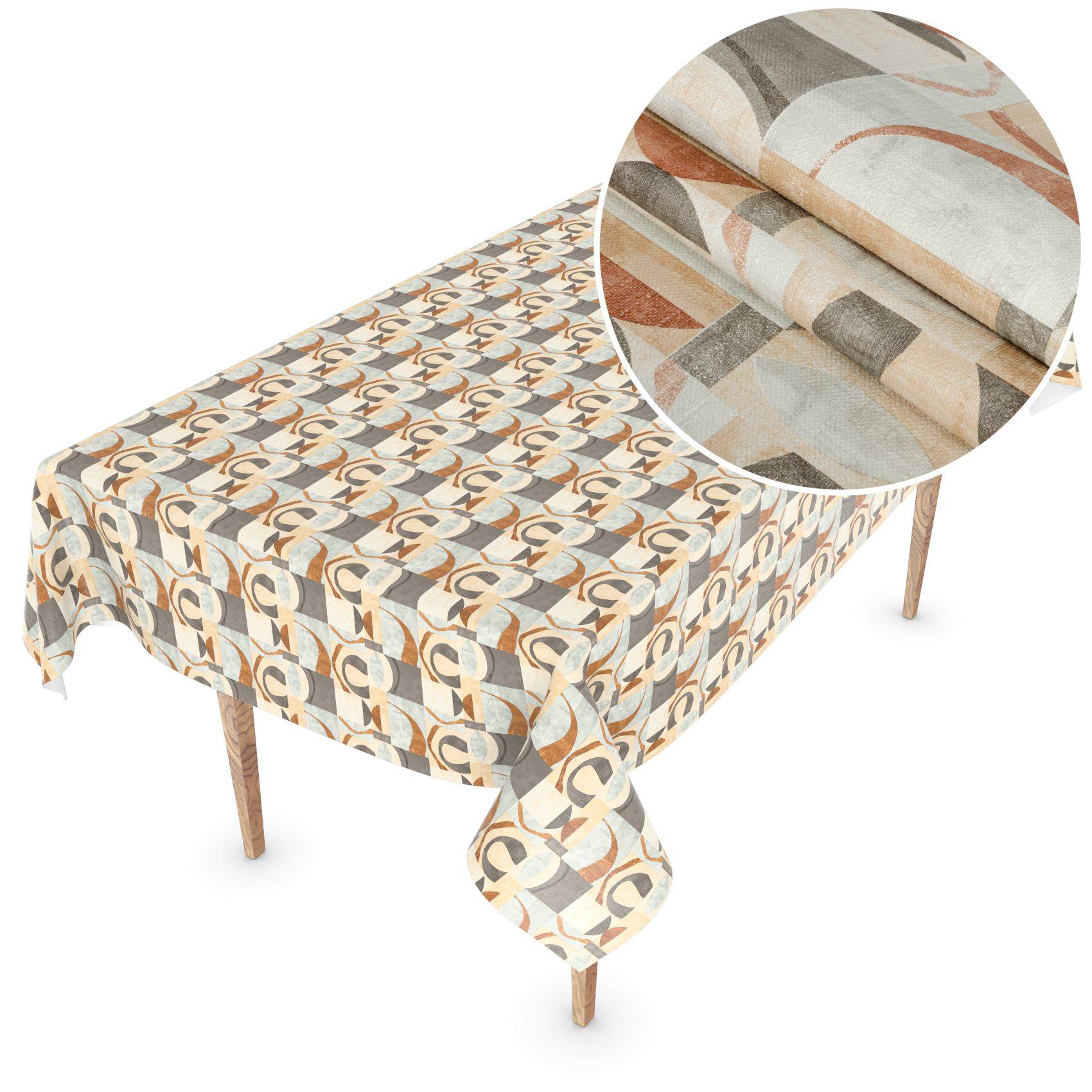 Rechteckiger Tisch mit gemustertem Tuch bedeckt, mit einer Detailaufnahme, die das geometrische Design des Stoffes in Beige, Grau und Rostrot zeigt.