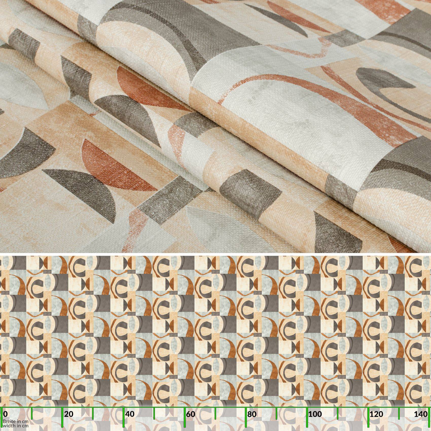 Abstraktes geometrisches Gewebe mit gedämpften beige-, grau- und rostfarbenen Formen; der untere Streifen zeigt ein sich wiederholendes Muster und eine Skala von 0–140.