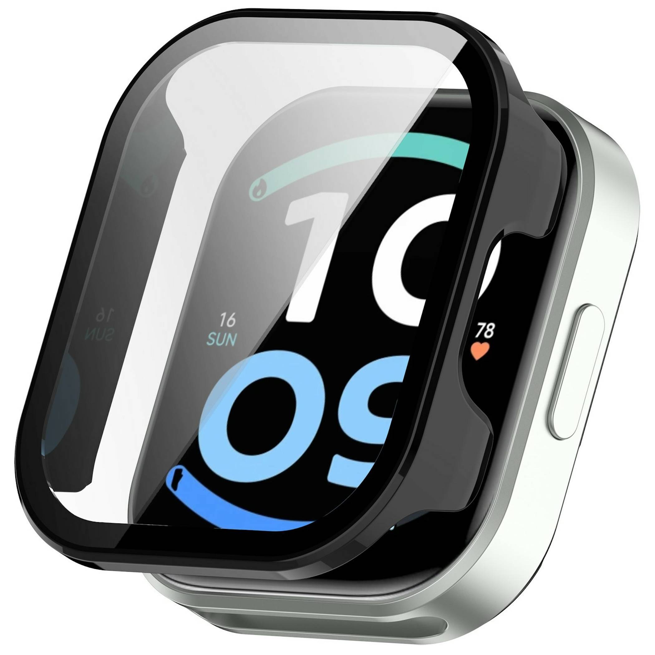 Smartwatch mit quadratischem schwarzem Display und silbernem Gehäuse, das ein digitales Ziffernblatt mit großen Zeitziffern und Herzfrequenz-Symbol anzeigt.