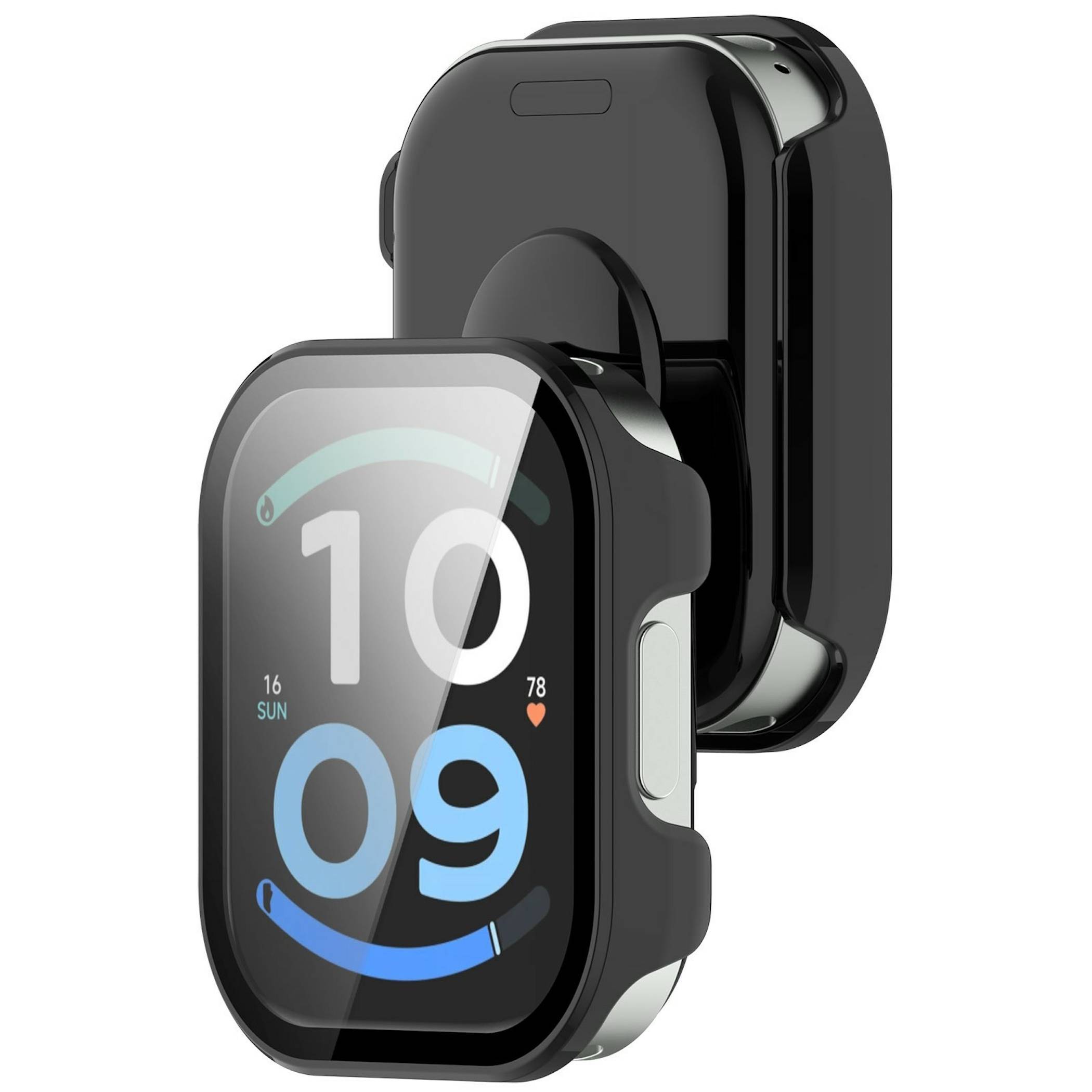 Schwarze Smartwatch mit quadratischem Display, das 10:09 anzeigt, präsentiert von vorne und hinten, um das Gehäusedesign hervorzuheben.