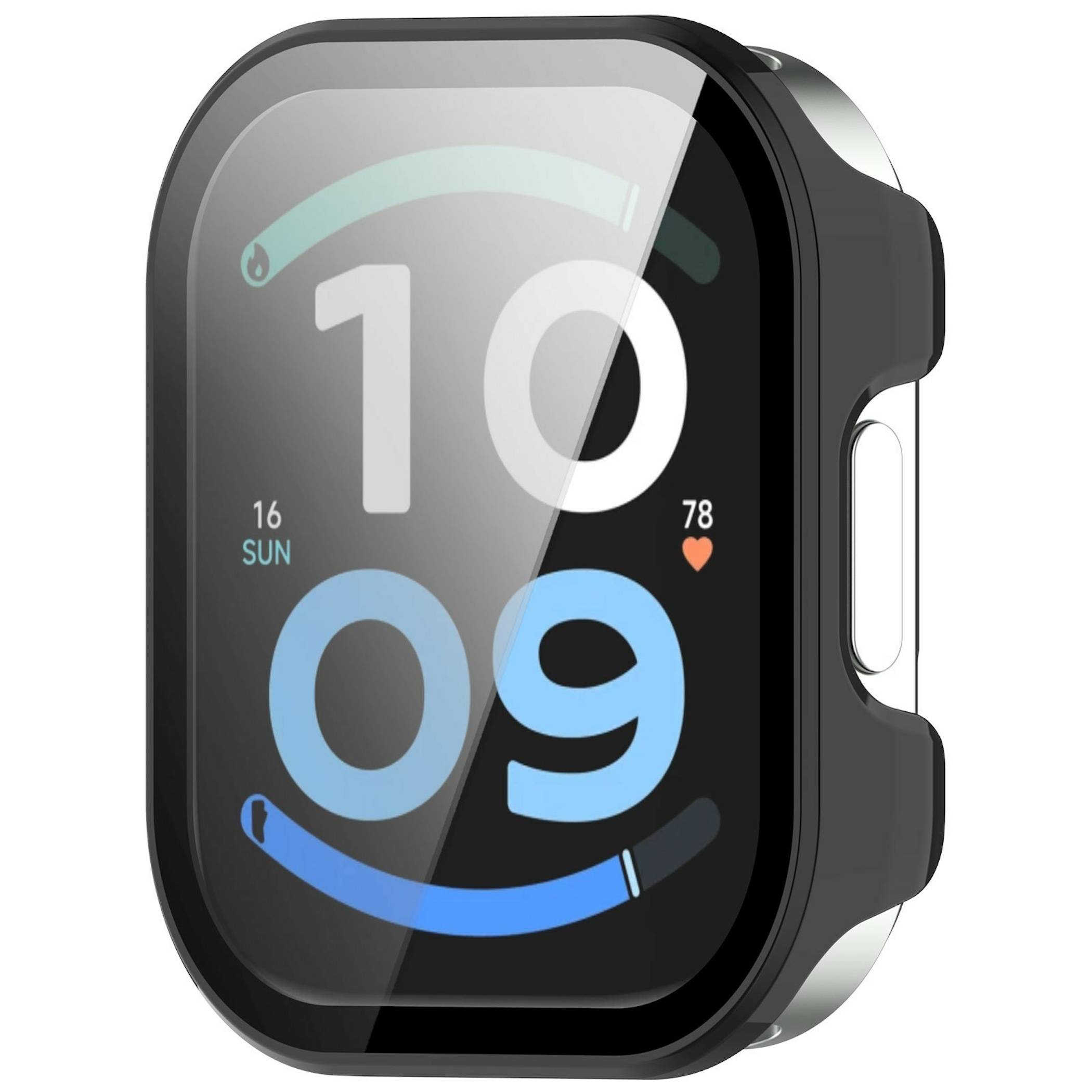 Schwarze Smartwatch mit einem abgerundeten rechteckigen Zifferblatt, das die Uhrzeit 10:09, das Datum 16 SON und die Herzfrequenz 78 auf einem digitalen Display anzeigt.