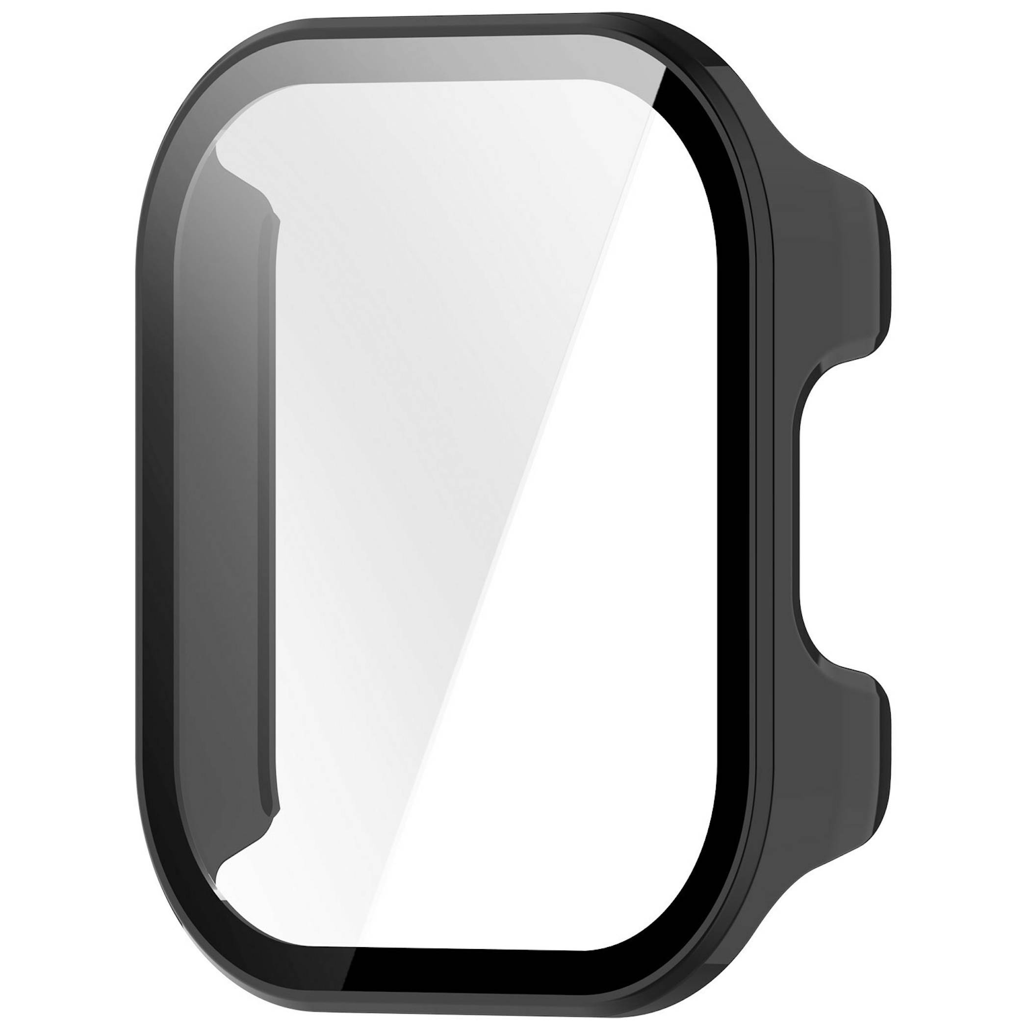 Schwarze rechteckige Schutzfolie oder Gehäuse für Smartwatch oder Fitness-Tracker mit abgerundeten Ecken und seitlichen Ausschnitten auf weißem Hintergrund