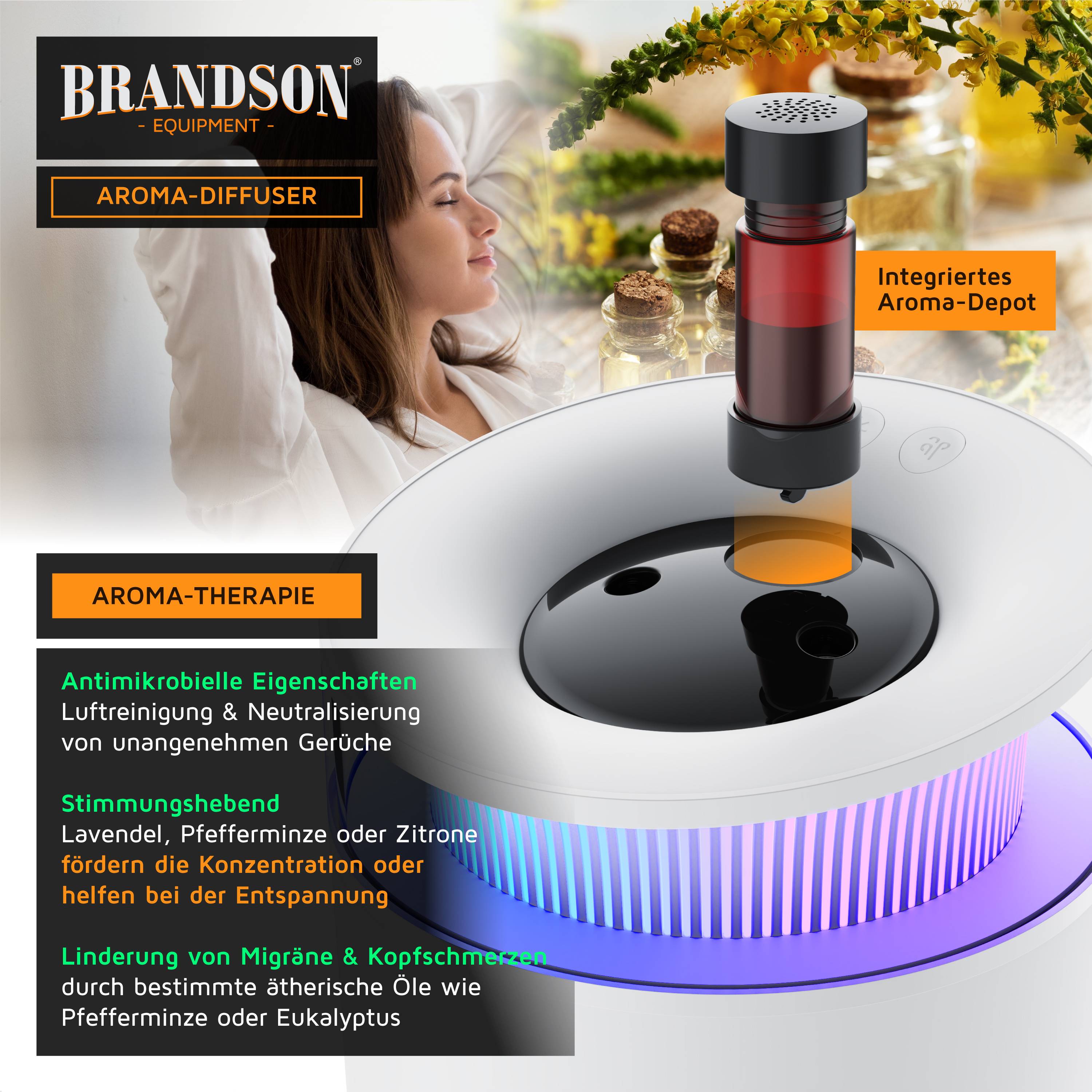Werbebild eines BRANDSON-Aromadiffusors mit integriertem Aromadepot, das eine entspannende Frau zeigt und Text mit Aromatherapie-Vorteilen wie Geruchsneutralisierung, Stimmungsverbesserung und Kopfschmerzlinderung hervorhebt.