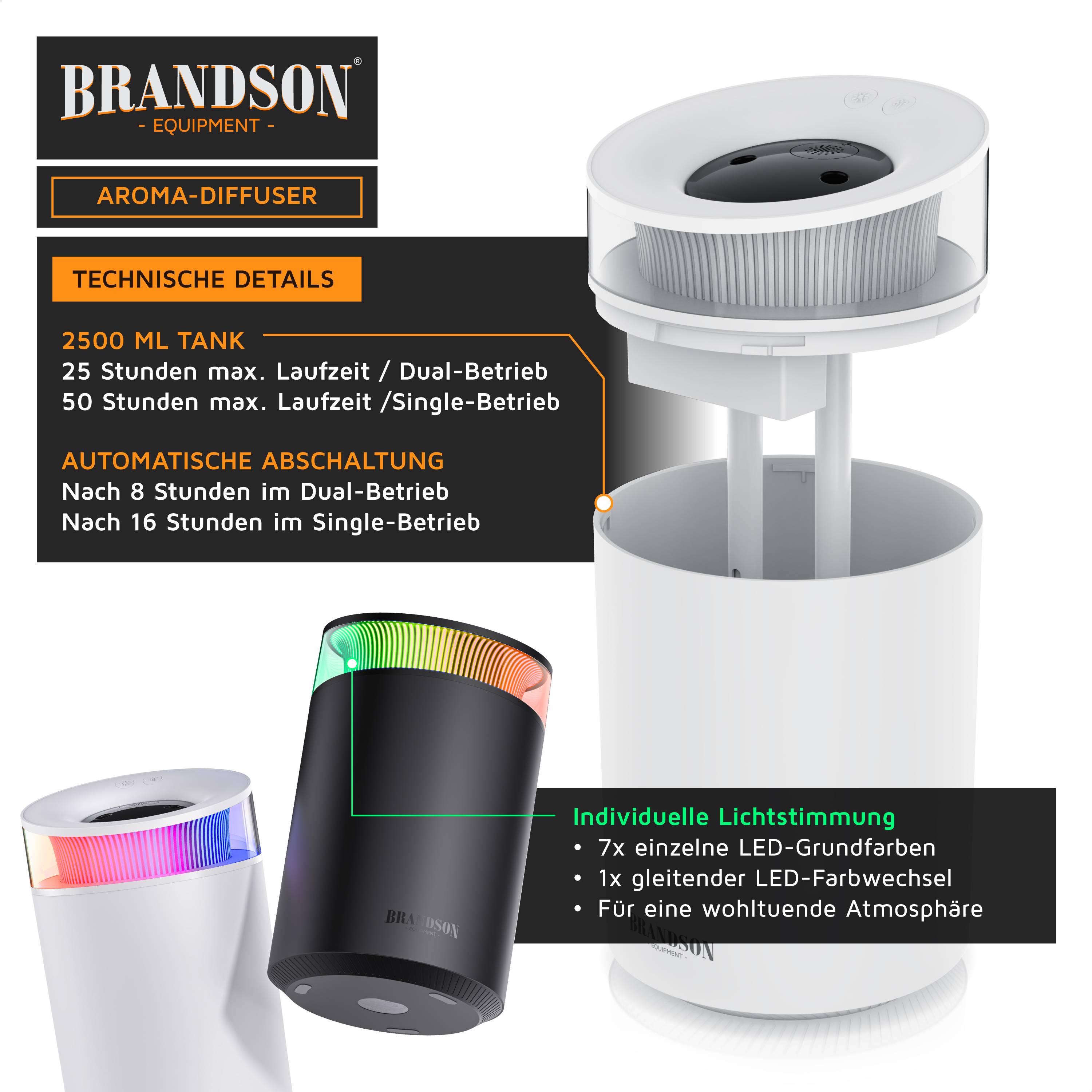 Brandson Aromadiffuser mit 2500 ml Tank, automatische Abschaltung, duale/einfache Betriebsdauer und sieben LED-Farben für Stimmungsbeleuchtung.