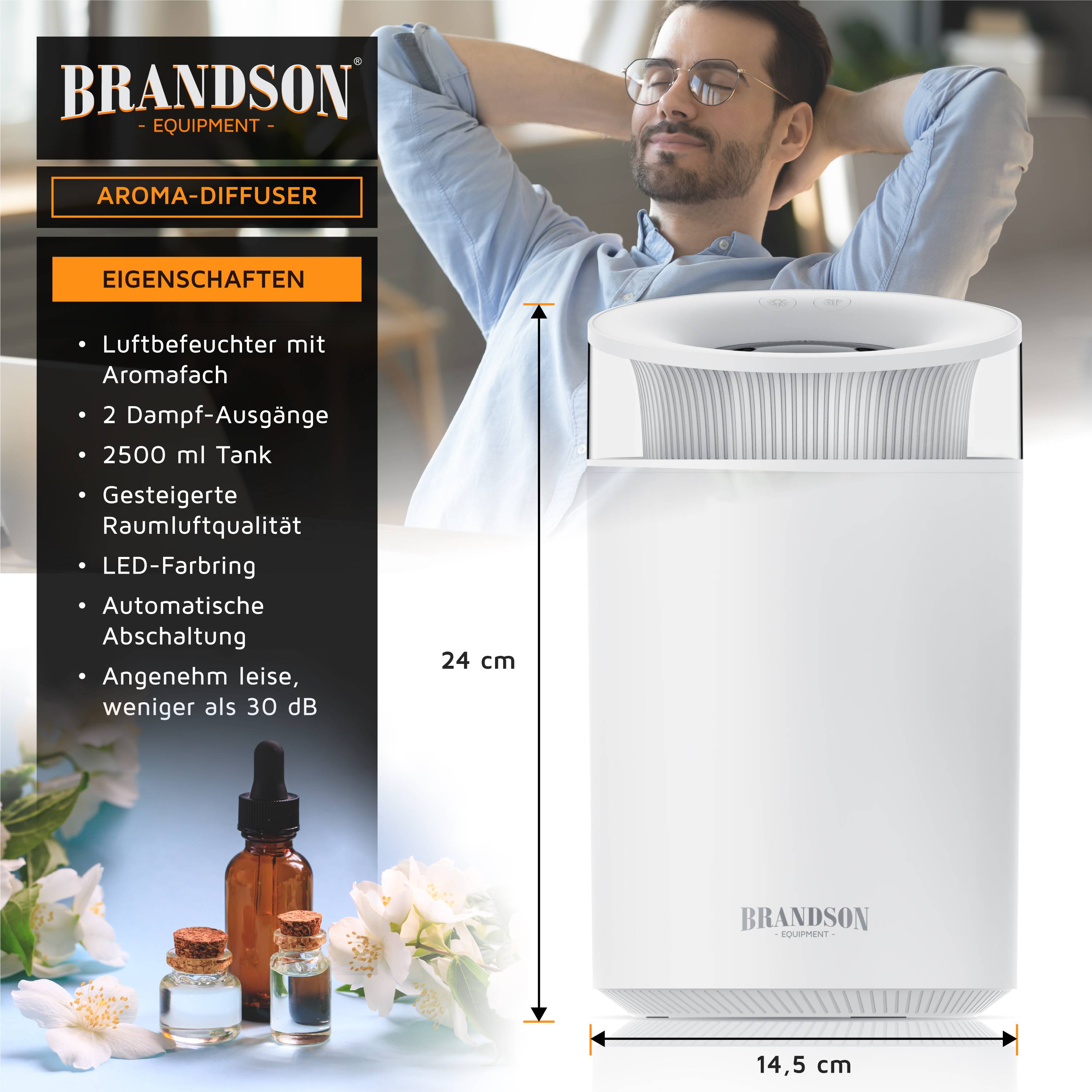 Brandson Aromadiffusor mit einem Mann beim Entspannen; Produktspezifikationen auf Deutsch listen 250 ml Tank, 2 Dampfauslässe, LED-Farbwechsel, automatische Abschaltung, 24 cm mal 14,5 cm auf.