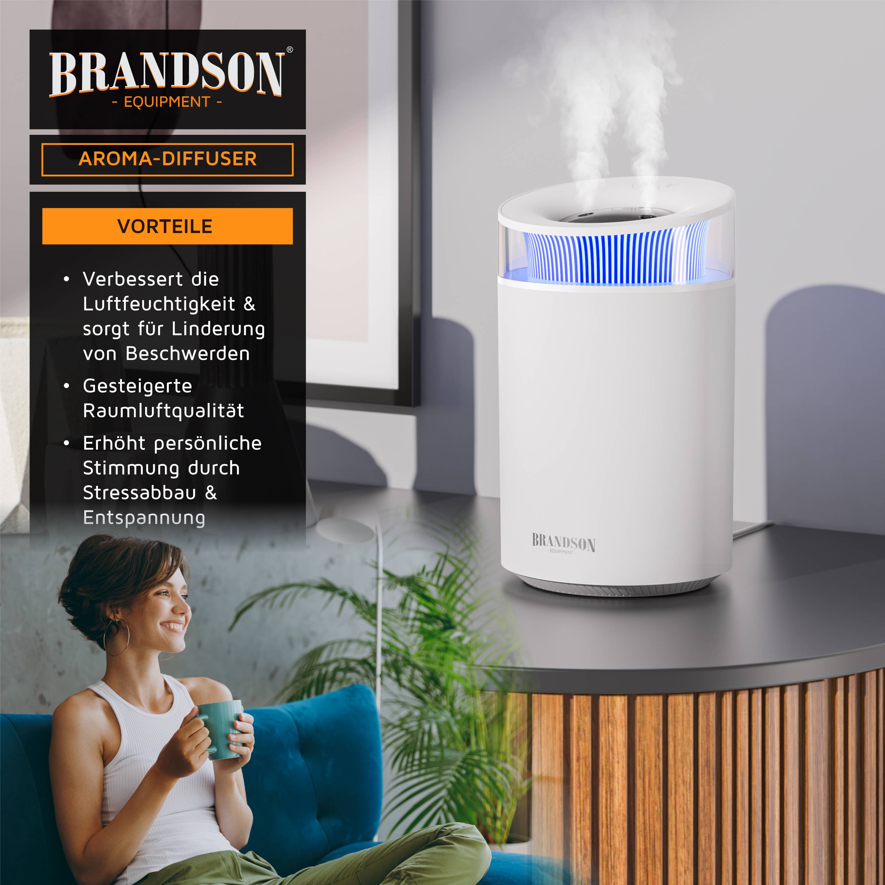Brandson Ultraschall Luftbefeuchter 2,5 l, leiser Betrieb, inklusive Aromafach, für Wohn und Schlafzimmer, Babyzimmer
