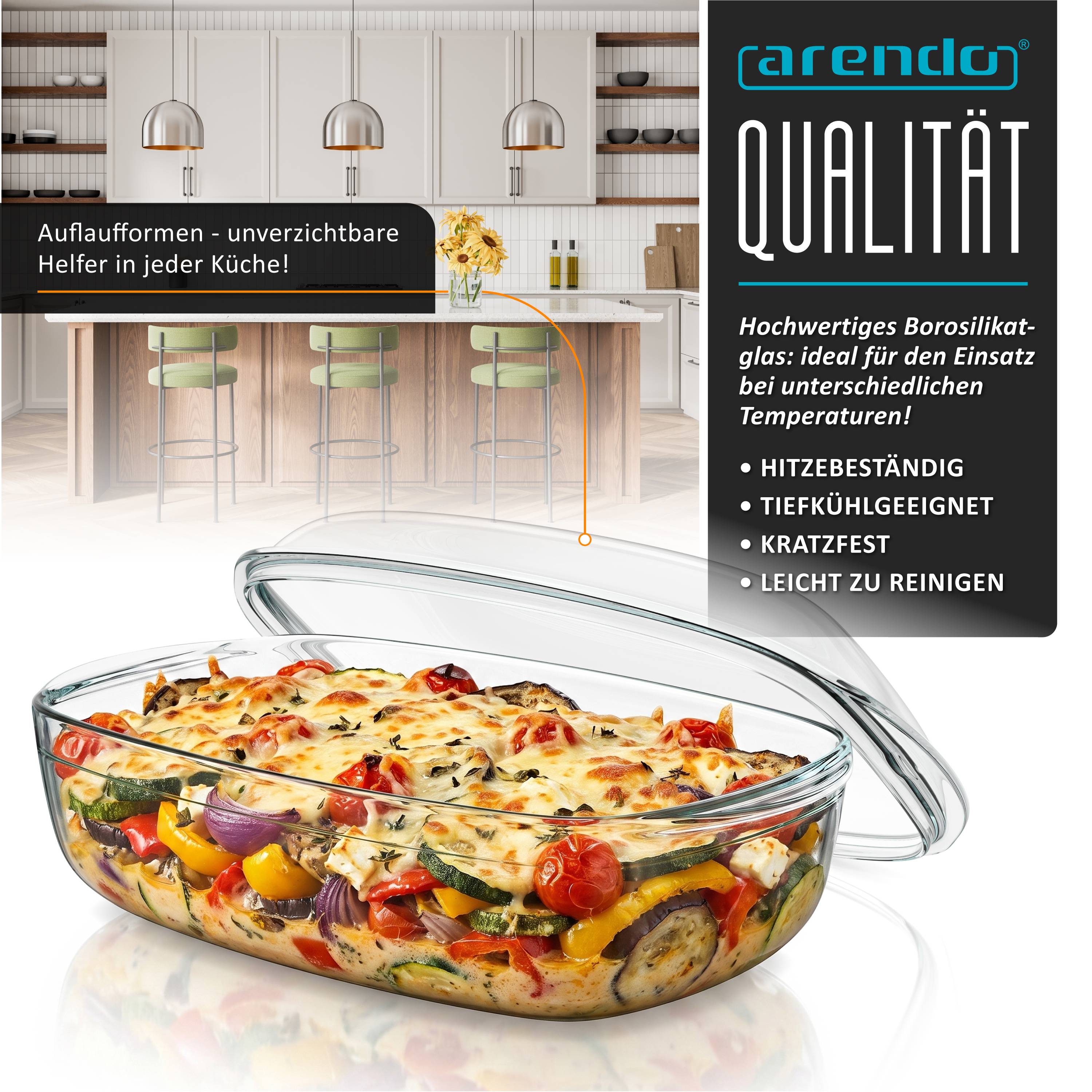 Arendo rechteckige Glasauflaufform 4500 ml Deckel -40 °C bis +400 °C Ofenfest, transparent