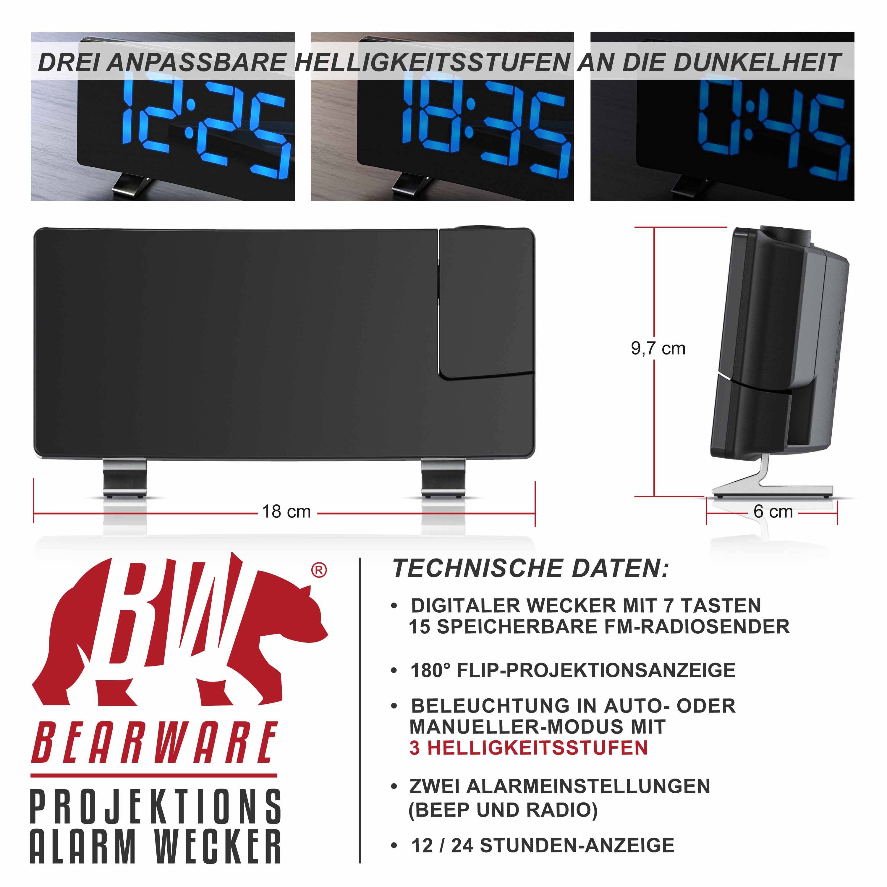 Bearware Projektions-Wecker Infografik zeigt verstellbare Helligkeit, Anzeigewinkel, Größe und Funktionen wie Radio, Weckeinstellungen und 12/24-Stunden-Anzeige.
