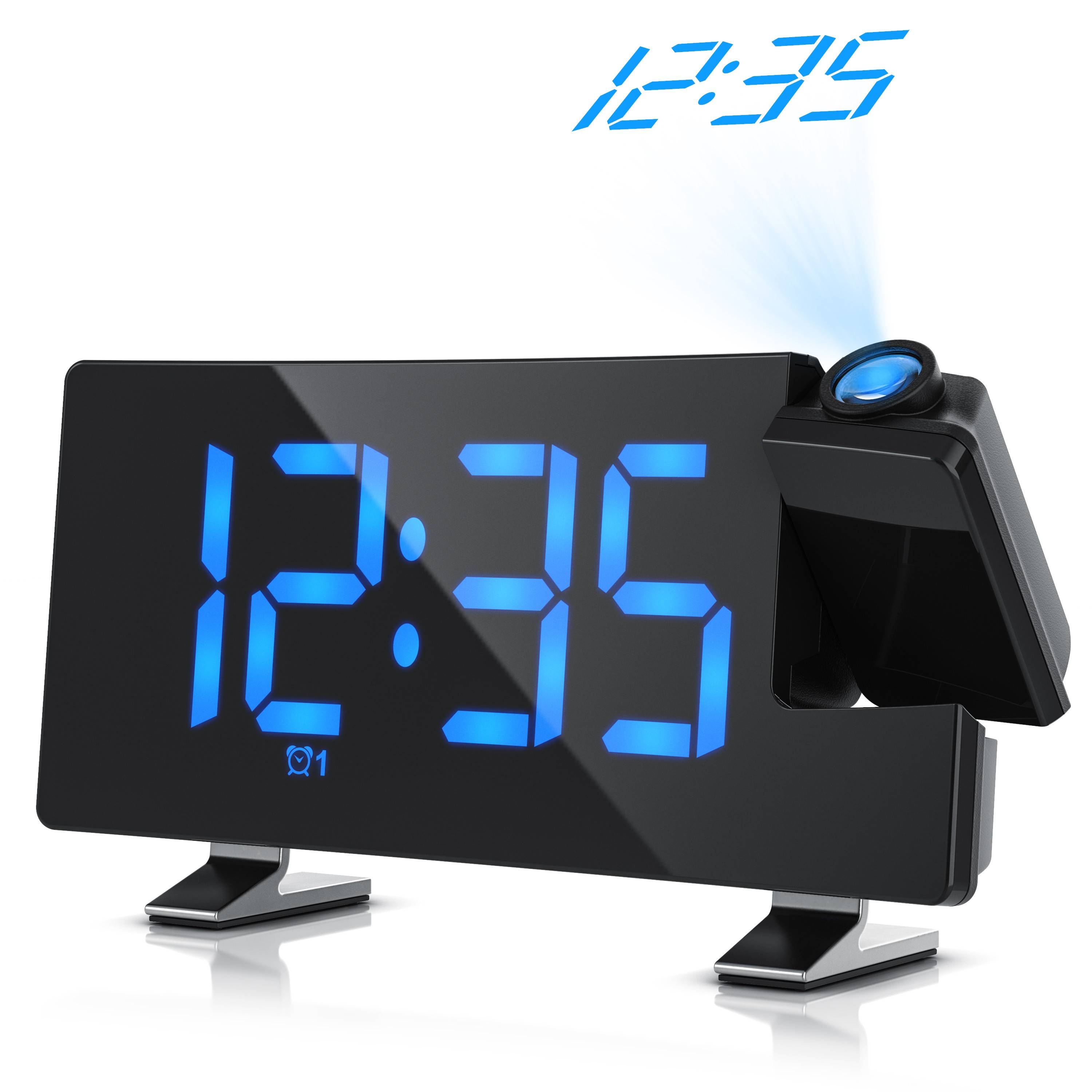 Digitale Wecker zeigt 12:35 mit blauen LED-Ziffern an, oberer Projektor projiziert die Uhrzeit an die Wand.