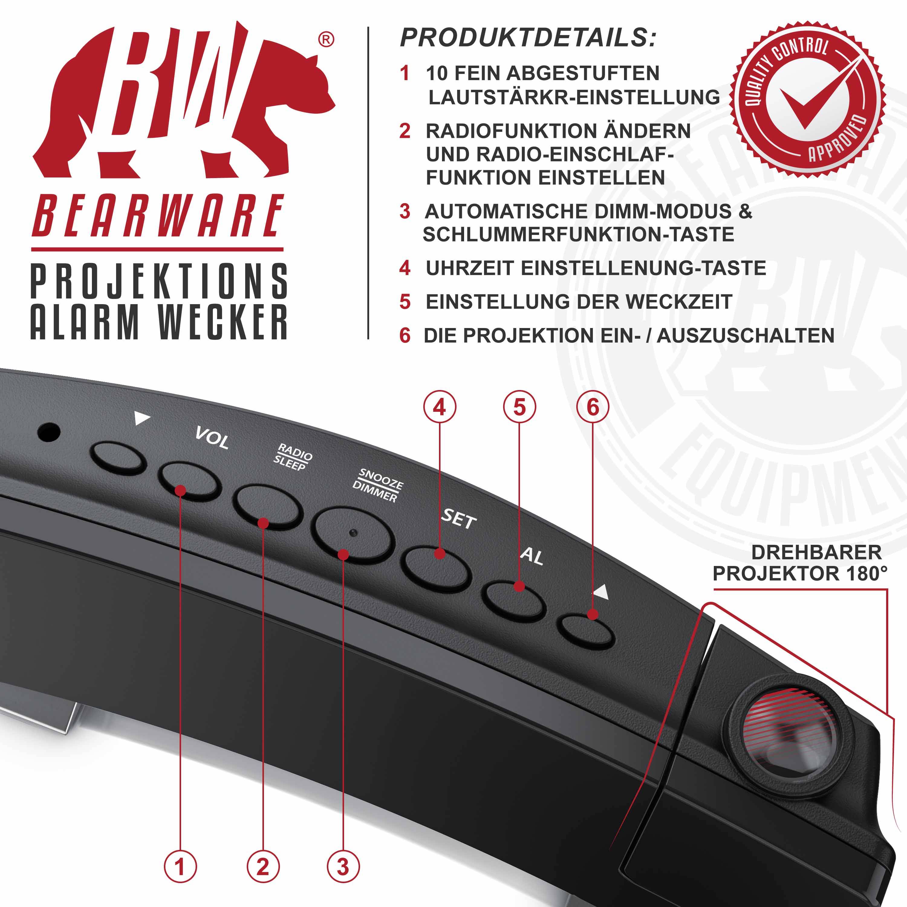 Produktbild eines Bearware-Projektions-Weckers mit Bedienungen oben und einem um 180° drehbaren Projektor, mit deutschen Beschriftungen für wichtige Funktionen und Einstellungen.
