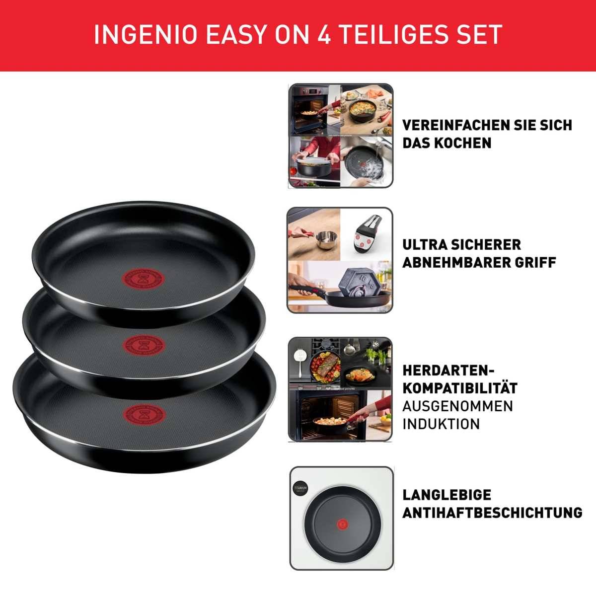 Tefal Ingenio Easy On 4-tlg. Pfannenset abnehmbarer Griff 22/ 24/26 cm L15992